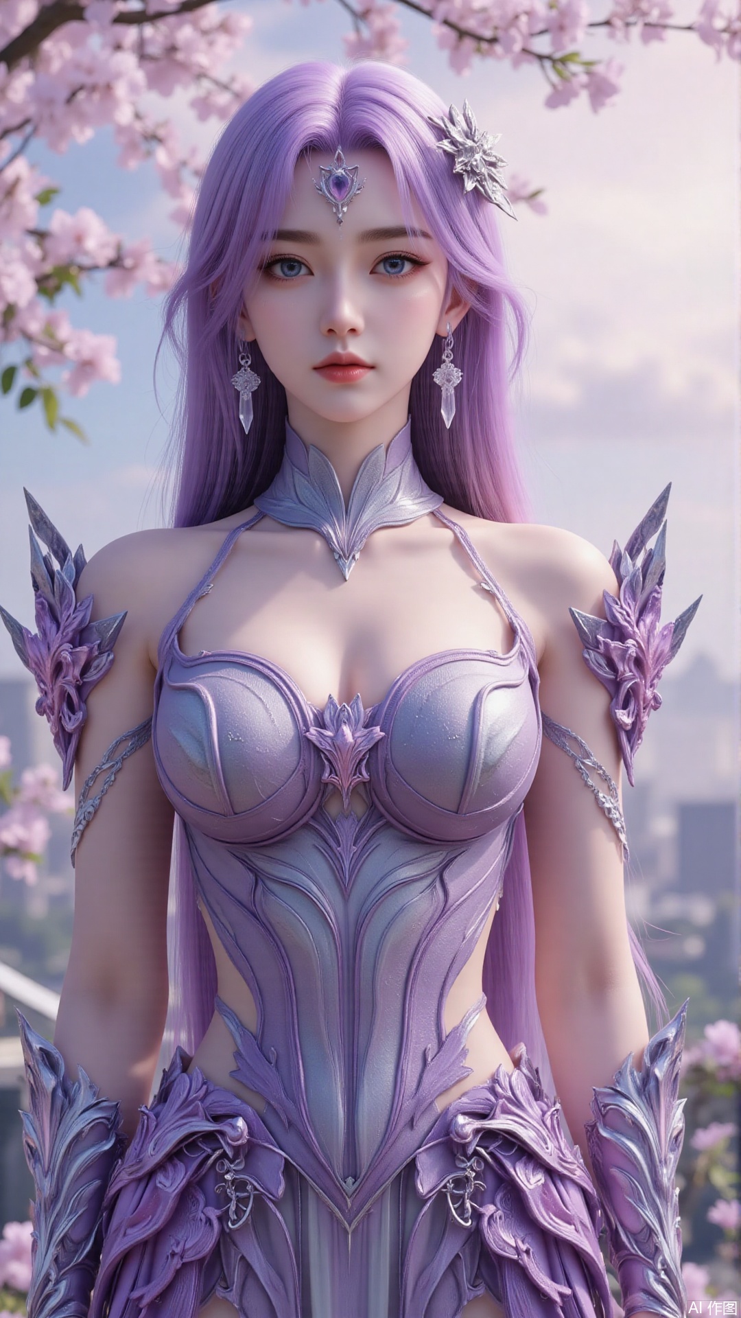 1girl, solo, long hair, purple hair, purple dress, blue eyes, realistic, mischevious smile, perfect body, scenery, sharp focus, best quality, masterpiece, detailed outfit, illustration, perfect eyes, finely detailed beautiful anime eyes, realistic skin, intricate details, best lighting, depth of field, ultra high resolution, sitting