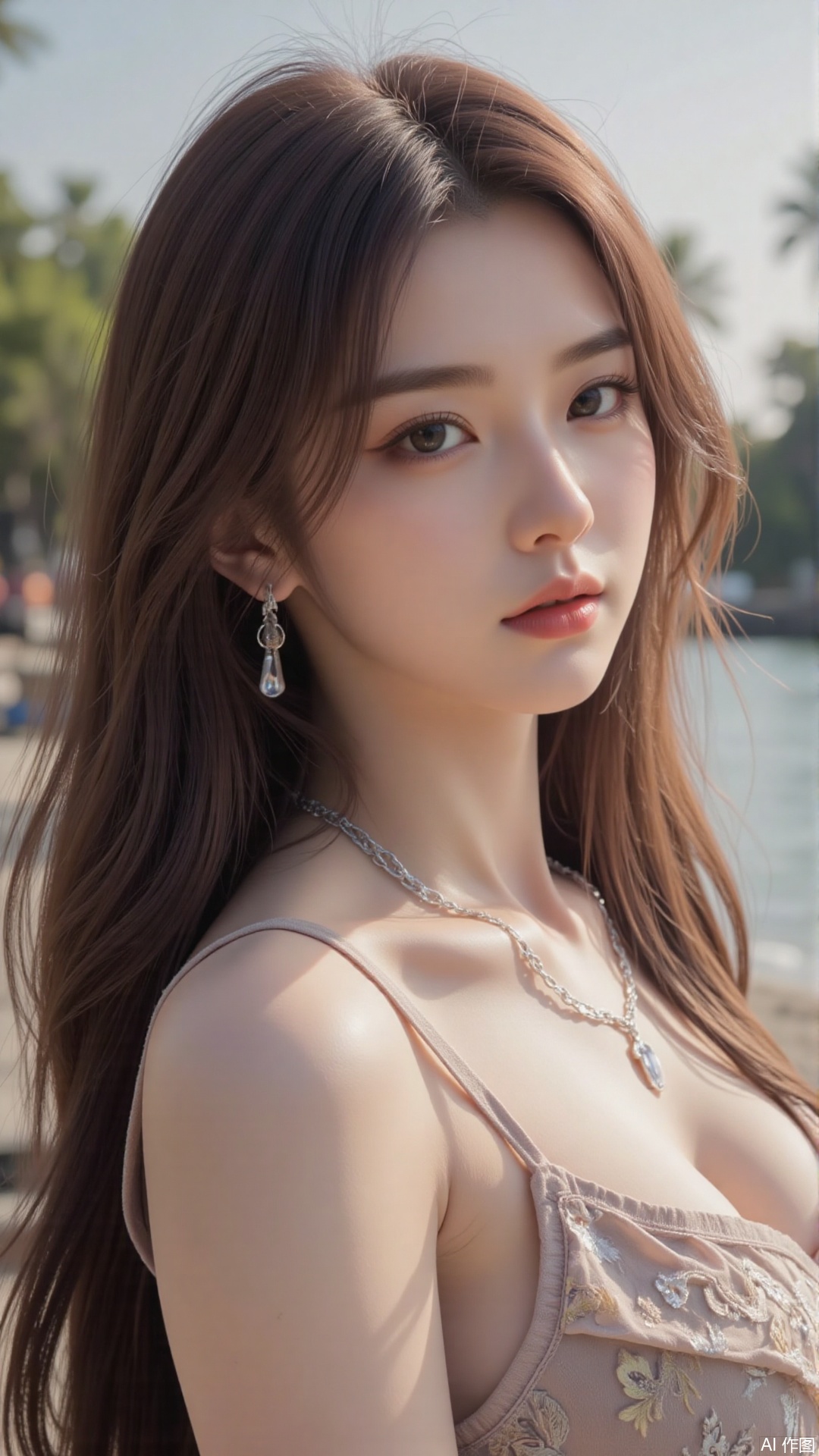  a asian woman, sexy long hair, blue eyes, charming and seductive temperament, distant close-up, golden ratio, movie texture, minimalism, high-end feeling, strong contrast between cold and warm, outdoor scenes, 