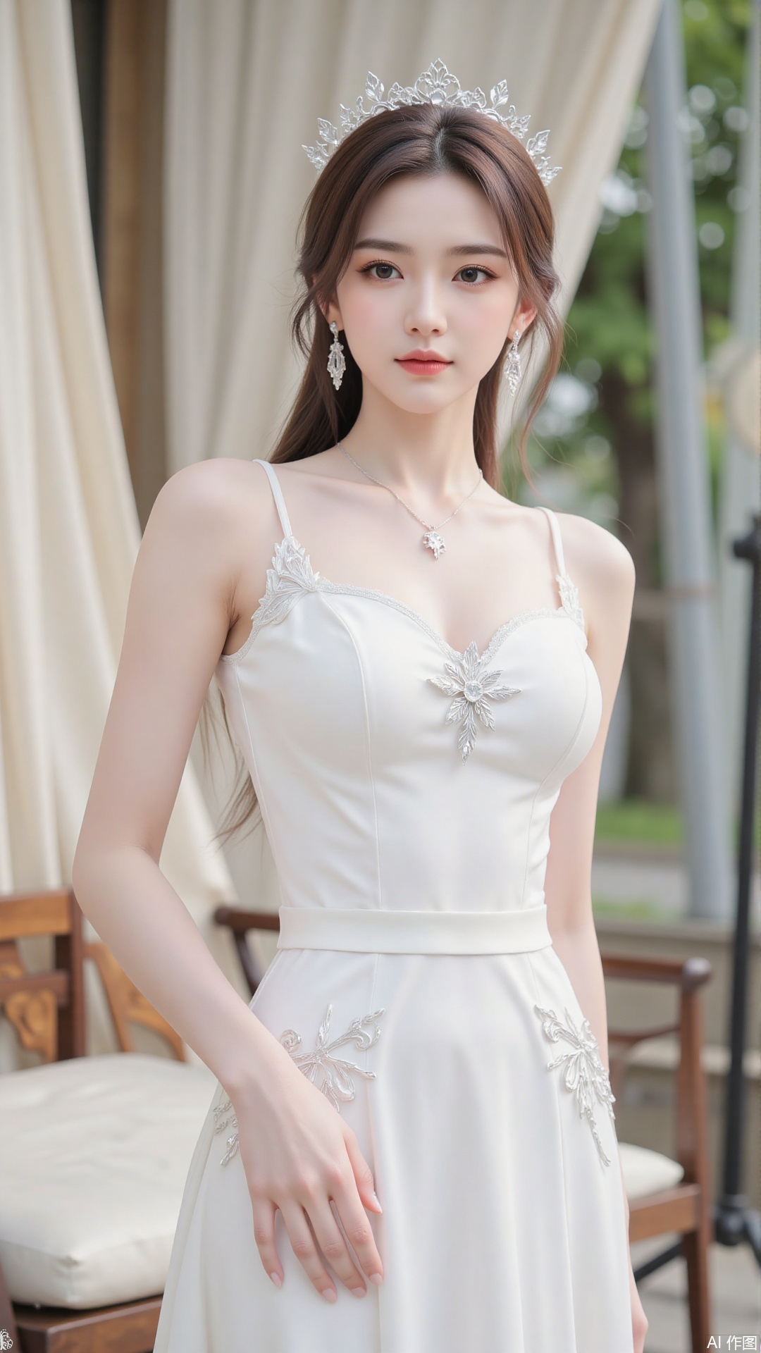1girl, white wedding dress,looking at viewer, mischevious smile, perfect body, scenery, sharp focus, best quality, masterpiece, detailed outfit, illustration, perfect eyes, finely detailed beautiful anime eyes, realistic skin, intricate details, best lighting, depth of field, ultra high resolution, cowboy_shot, bride