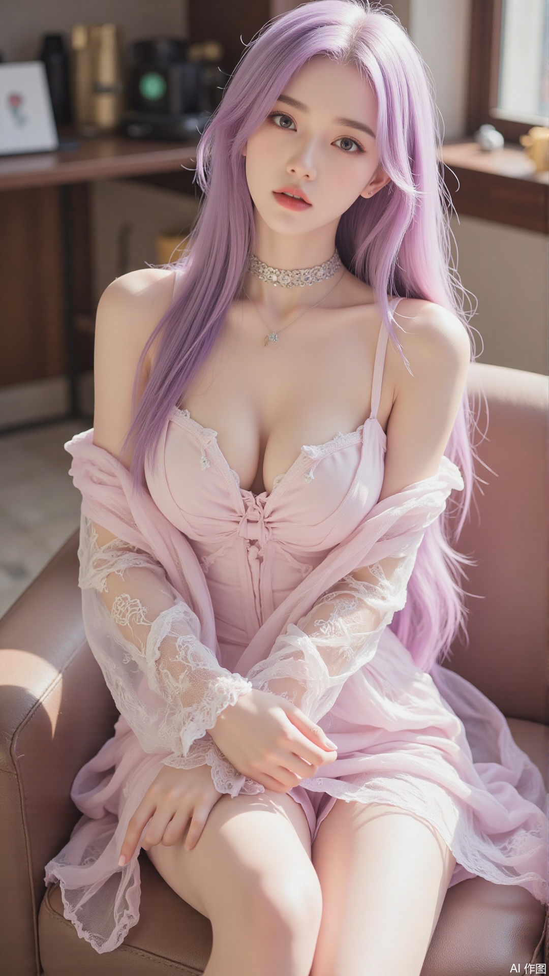 1girl, solo, long hair, looking at viewer, smile, sitting, collarbone, off shoulder, sweater, messy hair, realistic