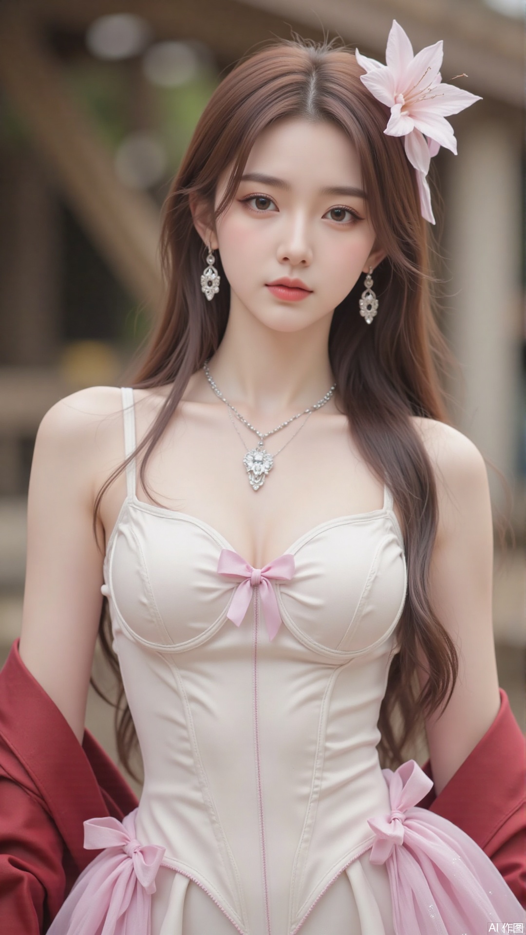 1girl,solo,jewelry,flower,hair flower,hair ornament,necklace,realistic,brown eyes,looking at viewer,dress,blurry background,twin braids,blurry,white dress,long hair,upper body,breasts,pink bow,red jacket,bare shoulders,lips,collarbone,outdoors,cleavage,large natural breast,soft breasts,huge Breasts
