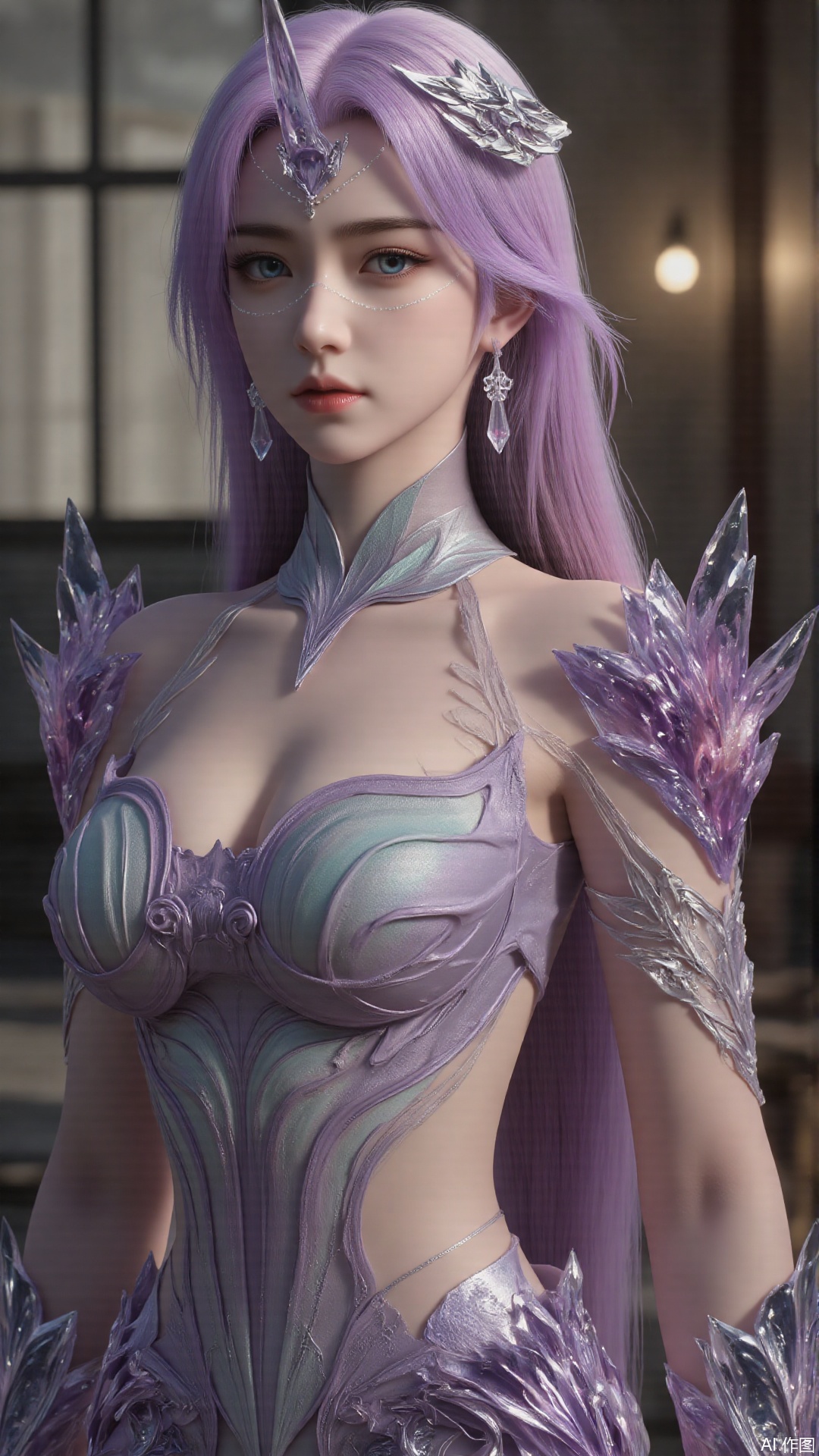 1girl, solo, long hair, purple hair, purple dress, blue eyes, realistic, mischevious smile, perfect body, scenery, sharp focus, best quality, masterpiece, detailed outfit, illustration, perfect eyes, finely detailed beautiful anime eyes, realistic skin, intricate details, best lighting, depth of field, ultra high resolution, sitting