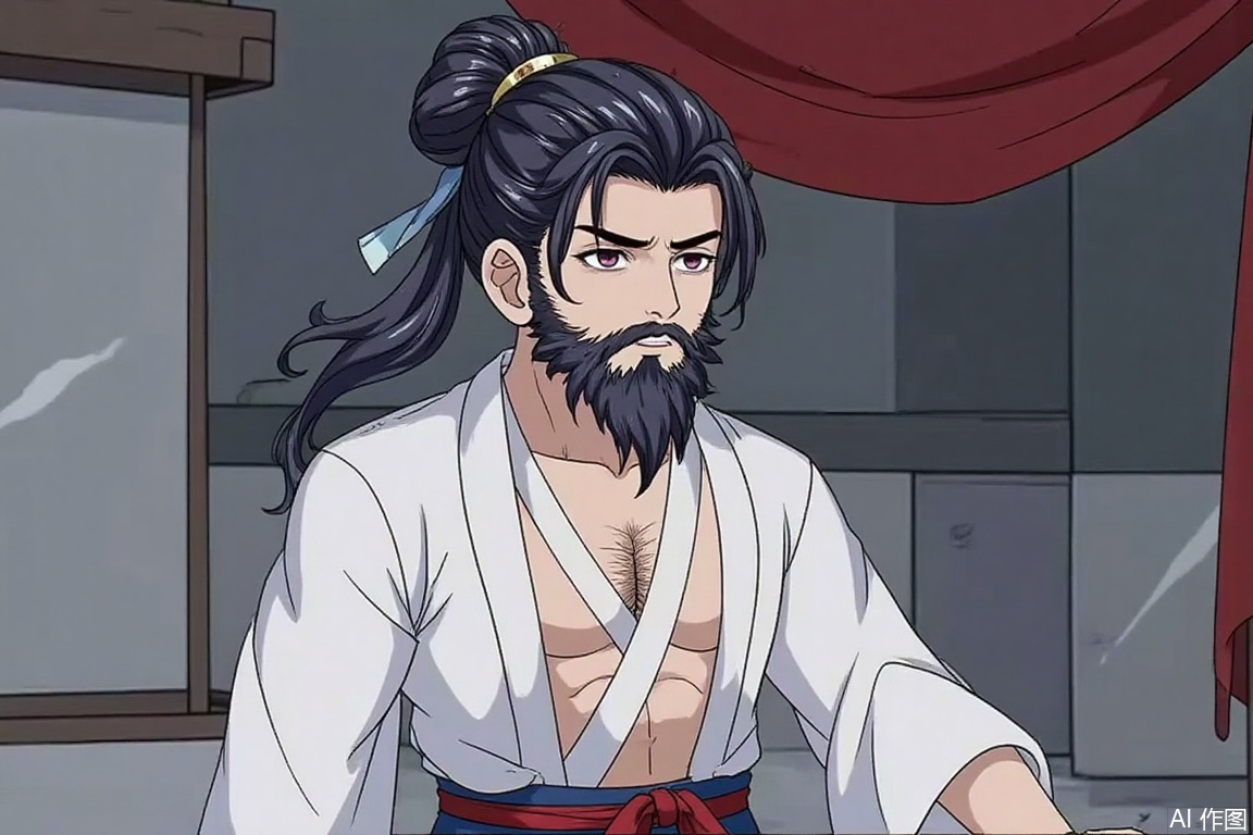 In the world of immortal cultivation, a powerful immortal cultivator, looks like a 40-year-old middle-aged man, with a masculine temperament, handsome and charming beard, wearing a luxurious white elder's robe that exposes his chest muscles.