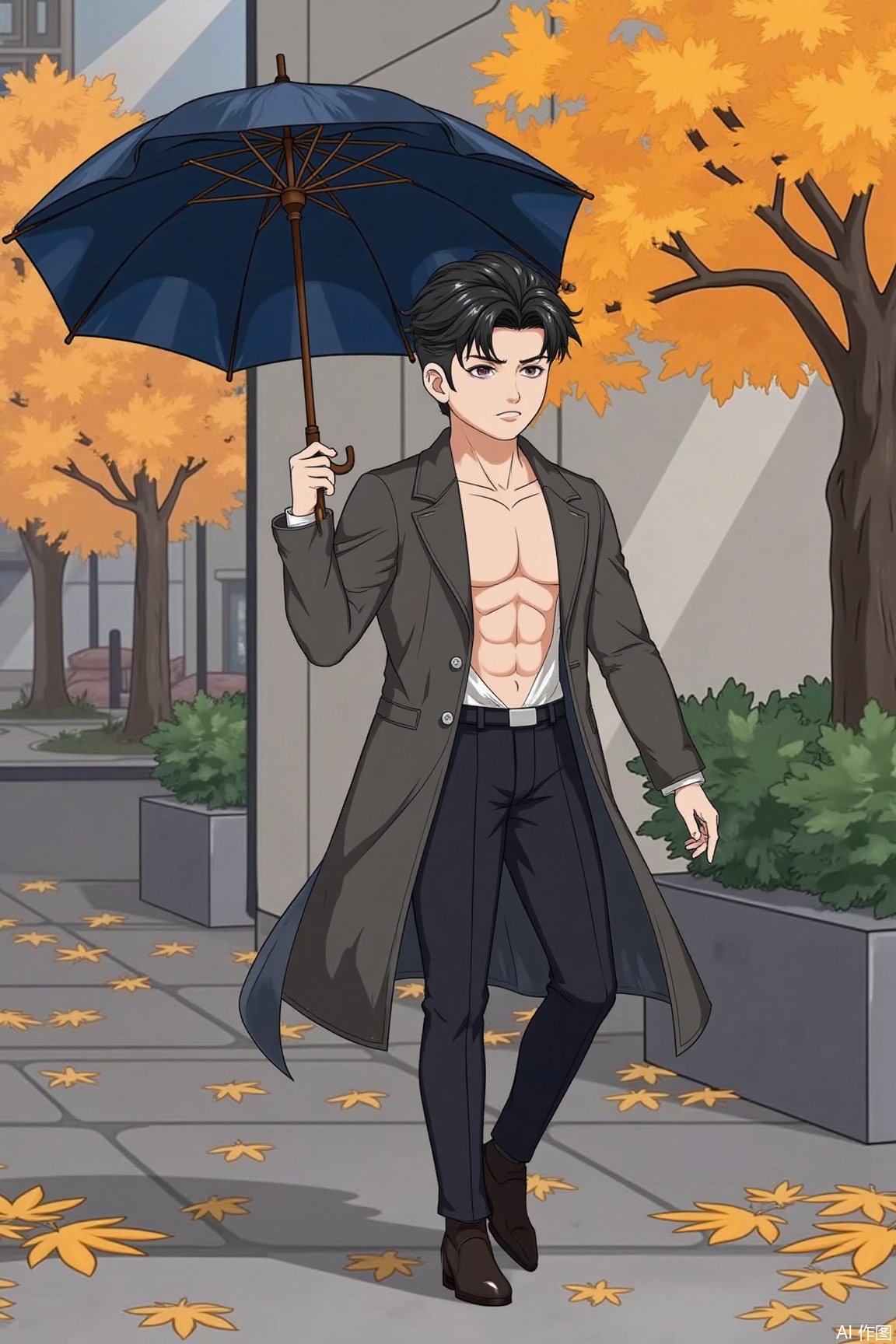 Q-style character,
An elegant gentleman wearing a gray coat but shirtless, with a huge chest muscle exposed, holding a deep blue vintage umbrella in his hand, walked on a street covered with ginkgo leaves. The warm autumn sunshine contrasts with the dim sky, and every gesture tells a story. Full body, colored background, digital art, colored background,