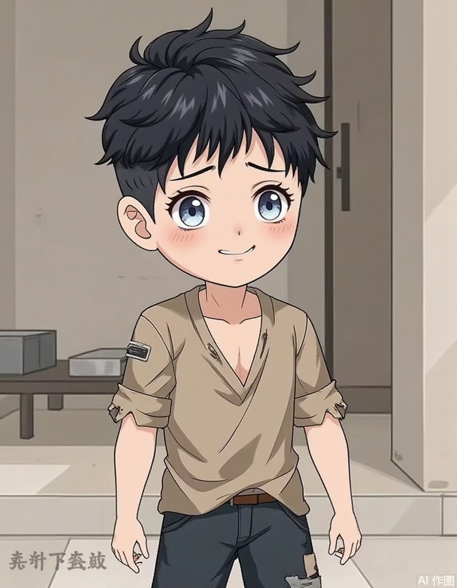 Horizontal animation characters, Q-style character, Q-style animation miniature characters, short-haired man, smiling, handsome, masculine, wearing ragged short sleeves like a beggar,