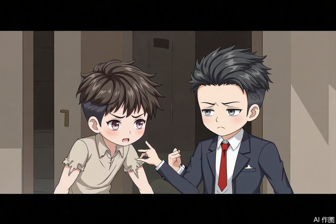 In the horizontal animation scene, there are two Q version mini characters. One is a short-haired man with a charming face, handsome facial features, masculine temperament, wearing tattered short-sleeved sleeves, and looking like a beggar. In sharp contrast, another man in suit, with a arrogant aura all over his body, his eyes full of unconcealed contempt, highlighting the completely different states of the two.,Q-style character