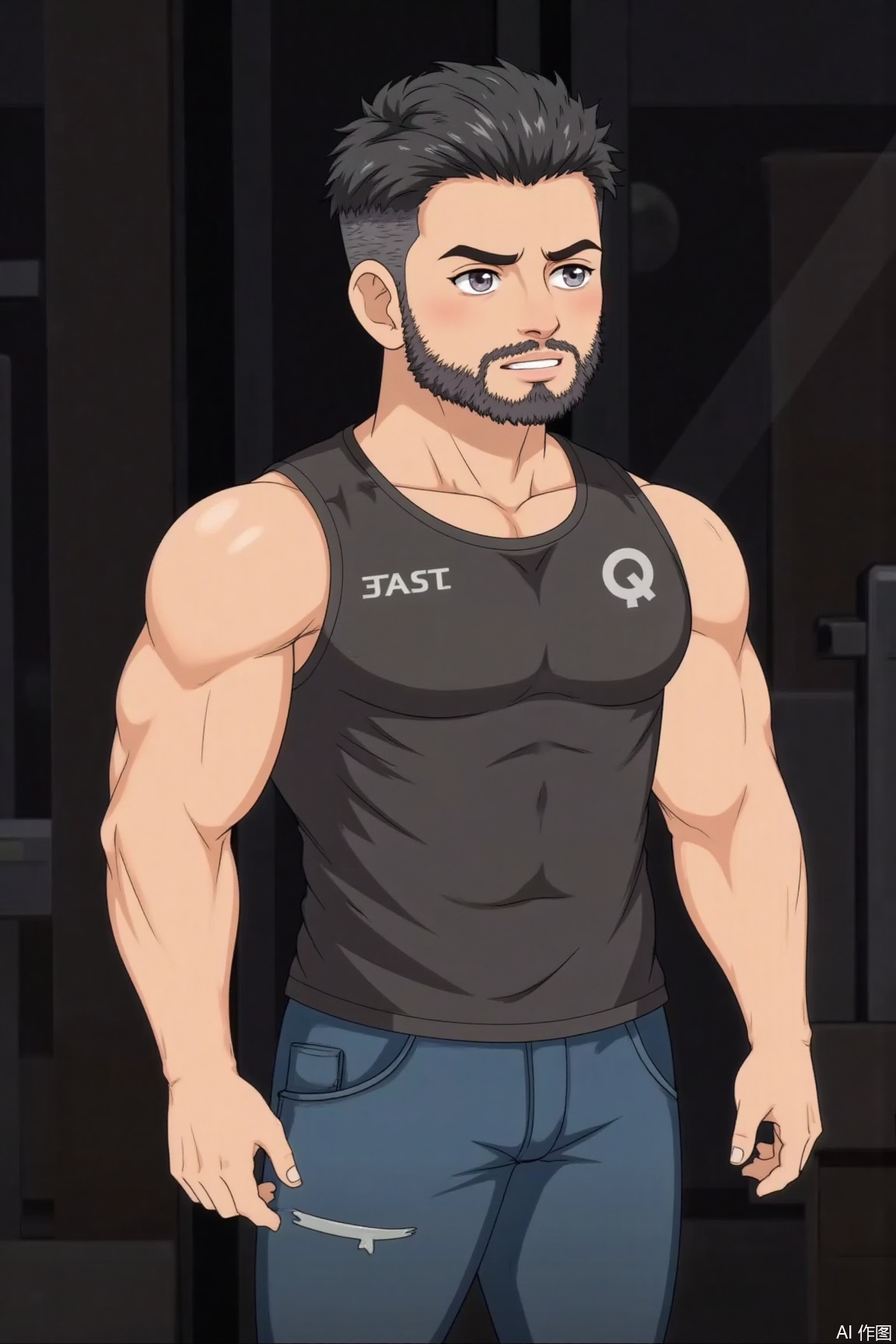 Q-style character,A short-haired military buzz cut man, 40 years old, with a neat beard, manly, wearing a sports vest, muscular, and jeans.,