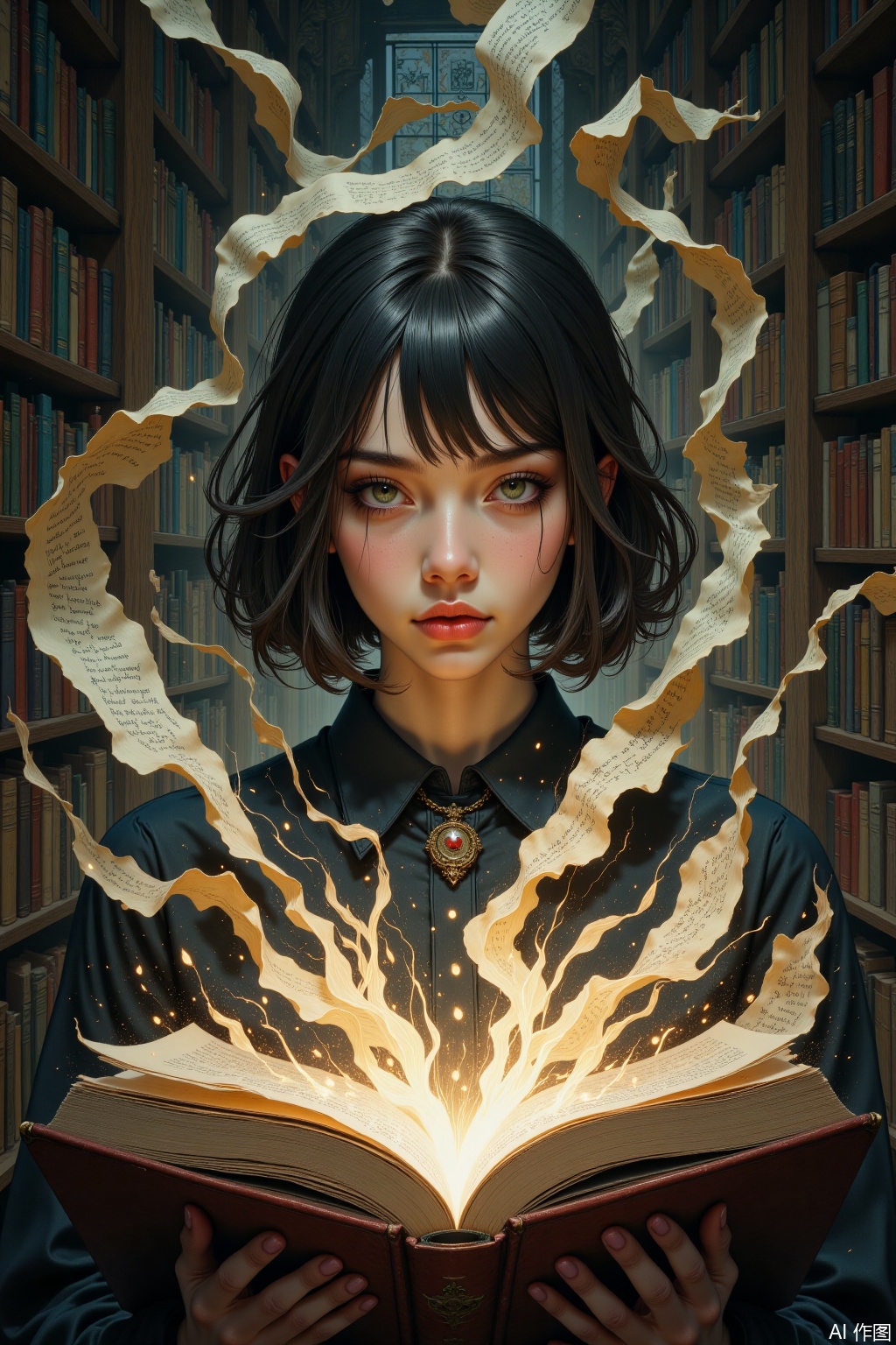 OBxiaoxiang,
A surreal image of a young woman around whom books open by themselves, their pages fluttering like bird wings, and the words literally lifting off the page to swirl around her in visible, calligraphic streams. Half-body, surrounded by this lexical storm. The artwork captures the crisp texture of paper, the flowing elegance of the calligraphic words, and her serene, focused expression amidst the chaos. Soft, ambient library light, perhaps with a magical glow from the floating words.