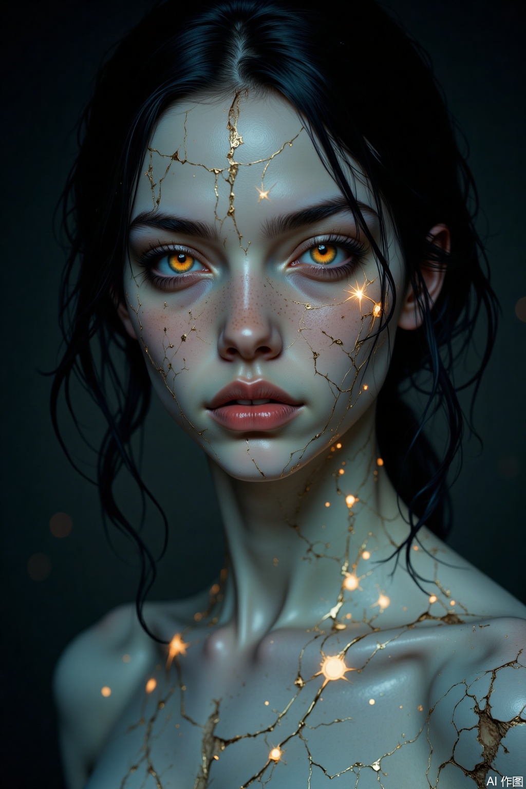 OBxiaoxiang,
A portrait of a young woman whose skin appears as cracked, antique porcelain, with delicate, glowing filigree patterns of starlight visible within the fissures. Half-body, her expression serene yet otherworldly. The artwork has a fragile yet profound textural depth. Soft, ethereal light emanates from within the cracks, casting subtle glows on her otherwise matte porcelain surface. Catchlights in her eyes are like distant stars, set against a dark, minimalist, dreamlike background.