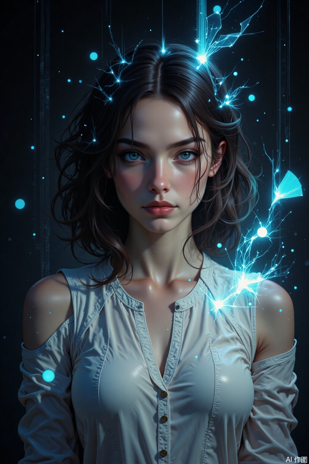 OBxiaoxiang,
A portrait of a young woman surrounded by floating, geometric abstract shapes or light particles, creating a futuristic or magical ambiance. Half-body, with the shapes interacting with her form. The artwork combines a realistically rendered figure, with deep and tangible surface qualities, with clean, glowing, or textured abstract elements. The floating elements can be a light source, casting unique highlights and shadows. Luminous catchlights, the interplay of skin texture with the abstract forms, and a sense of wonder or advanced technology are key.