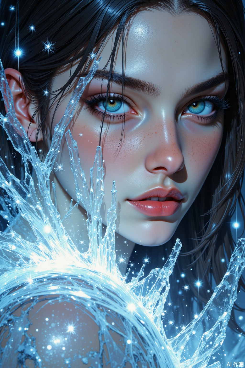 OBxiaoxiang,
A portrait of a young woman with one arm seamlessly transforming into translucent, crystalline ice, from which tiny, intricate snowflakes gently drift. Half-body, her gaze calm and knowing. The artwork showcases the sharp, reflective texture of the ice arm against the soft, warm texture of her skin, creating a tangible contrast. Cool, crisp lighting emphasizes the ice's facets and translucency. Her visible eye has an icy blue catchlight, and the background is a stark, wintery abstraction.