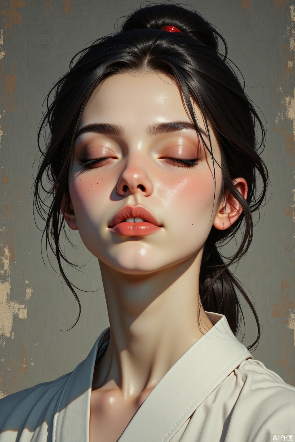 OBxiaoxiang,
A serene modern CG concept art portrait, the subject an Eastern woman with eyes closed in meditation. Facial close-up, conveying tranquility and depth. Brushstrokes are delicate yet visible, subtly blending the smoothness of digital painting with the texture of impasto oil. Lighting is soft and enveloping, like diffused moonlight or dawn, with natural shadow transitions. The overall color palette is unified and harmonious, perhaps low-saturation warm or cool tones, against a minimalist abstract textured background. Though her eyes are closed, skin texture, the smooth sheen of her hair, and the Zen-like texture of her simple attire must be meticulously expressed.