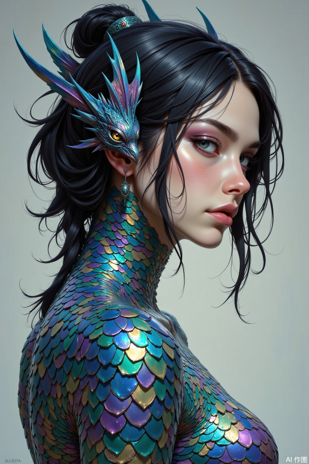 OBxiaoxiang,
A depiction of a young woman whose skin has the iridescent, scaled texture of a mythical fish or dragon, but only on one side of her body, the other remaining human and soft. Half-body, profile or angled to show the contrast. The artwork meticulously renders the sharp, overlapping scales with their shifting colors against the gentle curves and soft texture of her human skin. Lighting is designed to catch the iridescence of the scales. Her expression is a blend of wildness and humanity.