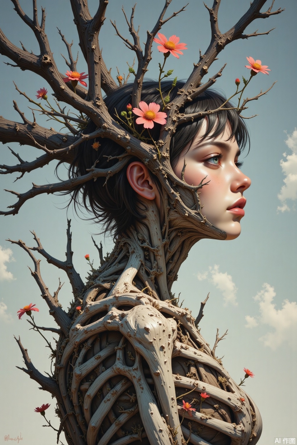 OBxiaoxiang,
A portrait of a young woman from whose back sprout magnificent, skeletal branches like a barren tree in winter, yet tipped with a few, unexpectedly vibrant, blooming flowers. Half-body, profile or three-quarter view. The rendering captures the stark, matte texture of the bone-like branches against the soft vitality of her skin and the delicate, velvety petals. Dramatic side lighting creates strong shadows, emphasizing the structure. Her expression is melancholic yet hopeful, background is a stark, empty sky.