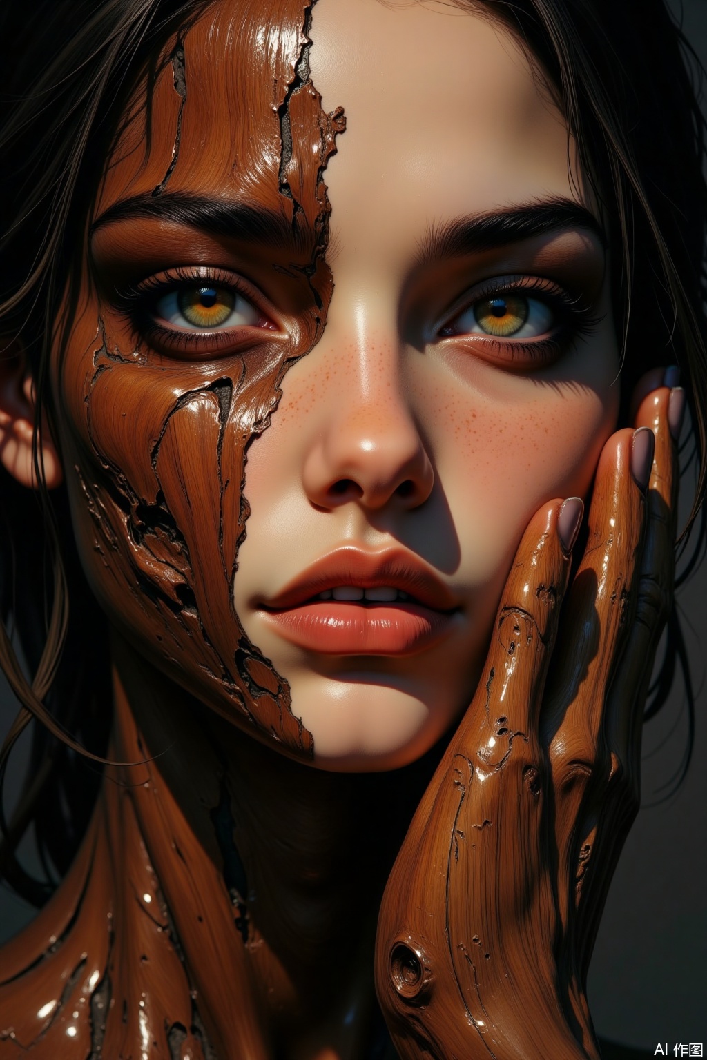 OBxiaoxiang,
A depiction of a young woman with parts of her body, perhaps her hands or sections of her face, appearing as if made from polished, dark wood, complete with visible grain and knots, seamlessly integrated with her human flesh. Close-up or half-body. The artwork emphasizes the rich, smooth texture of the polished wood blending with the soft texture of her skin. Warm, directional lighting highlights the wood grain and the contours of her form. Her eyes possess a deep, earthy glow.