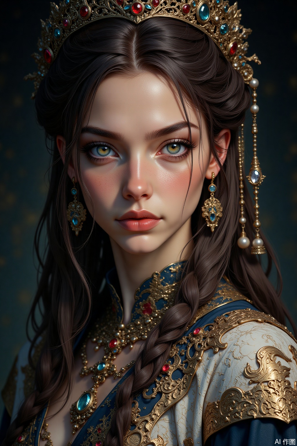 OBxiaoxiang,
A portrait focusing on a young woman adorned with intricate details, such as an elaborate hairstyle, ornate jewelry, or highly detailed clothing. Close-up or half-body to allow these elements to shine. The rendering is meticulous, giving a deep, almost touchable quality to these detailed aspects, showcasing masterful control over form and texture. Lighting is specifically designed to highlight the textures and reflectivity of these adornments—the sparkle of gems, the sheen of silk, the intricacy of lace. Rich jewel tones or contrasting colors might be used. Sharp catchlights, intricate hair braids, metallic sheens, and delicate fabric patterns are central, set against a complementary, non-distracting background.