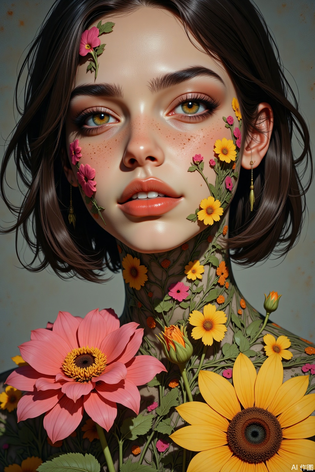 OBxiaoxiang,
A surreal portrait of a young woman whose emotions visibly bloom as actual, tangible flowers upon her skin—roses for love, lilies for sorrow, sunflowers for joy—each perfectly formed. Close-up or half-body, showcasing a variety of blooms. The rendering gives each flower a delicate, velvety texture, contrasting with her smooth skin. Soft, natural lighting enhances the colors and forms of the flowers. Her expression subtly matches the dominant emotion represented by the flowers.