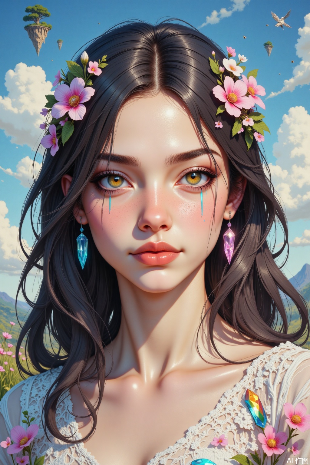 OBxiaoxiang,
A young woman whose tears are tiny, perfectly formed, prismatic crystals that catch and refract light into miniature rainbows. She is depicted in a dreamlike, illustrative landscape where the sky is a swirl of pastel colors and floating islands. The overall rendering is soft and whimsical, with a storybook feel. The crystals have a sharp, faceted texture contrasting with her softly painted features. The scene is bathed in a gentle, magical glow.