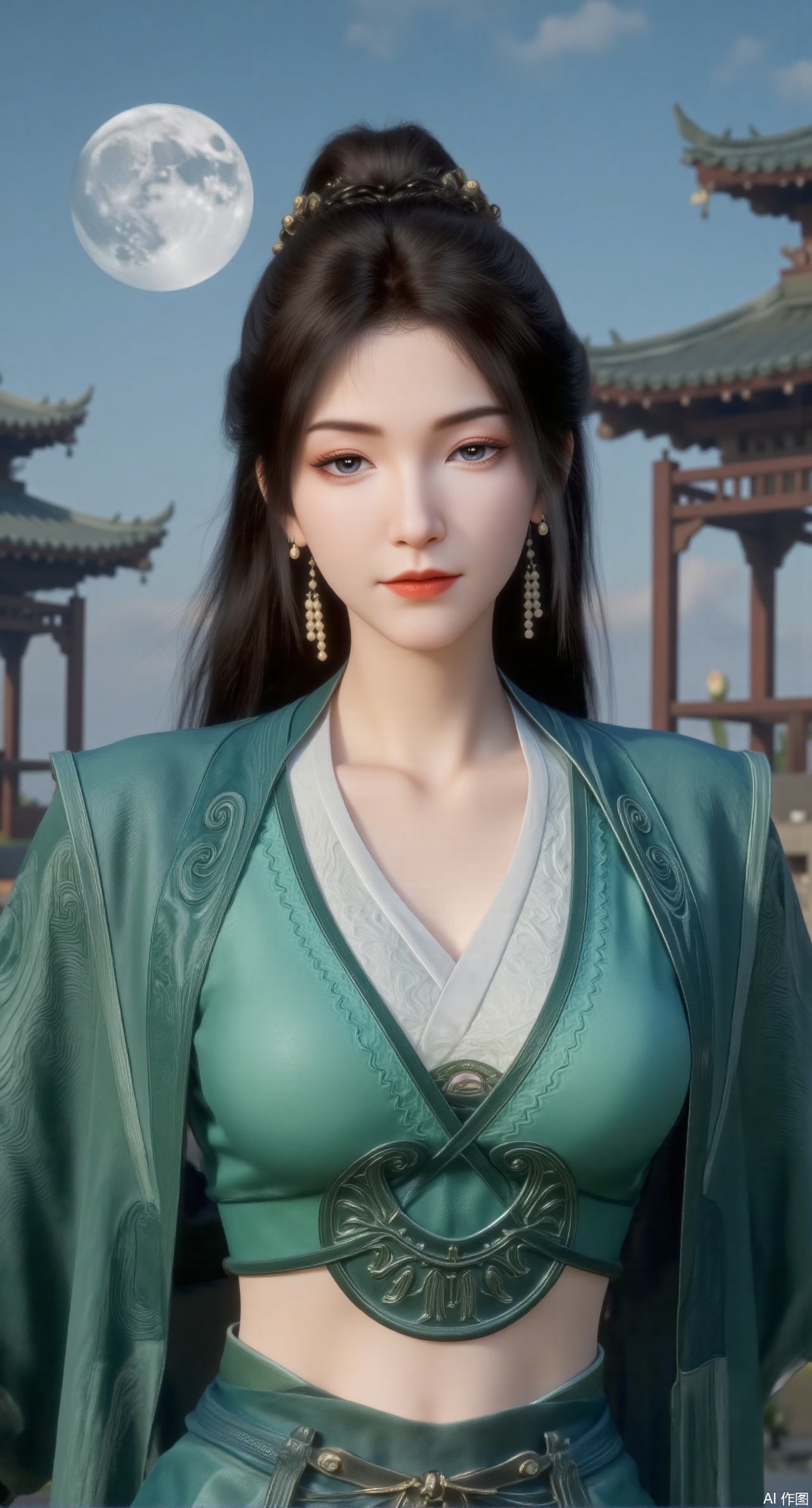 sfw,(masterpiece, best quality:1.2),1girl, navel, solo, midriff, bare shoulders, hair ornament,(long hair),(High double ponytail:1.49), red lips,
BREAK, (looking at viewer:1.39), chinese clothes,(green dress:1.36), (lace:1.28),
BREAK,blurry, solo focus, long hair, lips, daytime, lipstick, outdoors, standing,upper body,(huge breasts:2.99), (full breasts:2.99),background, solo, makeup,Xyunxiao,(Lotus,Water Lily,Blue sky,full moon:1.39),(Lotus pond,ancient Chinese architecture:1.39),Xmupeiling,XsongyuYK