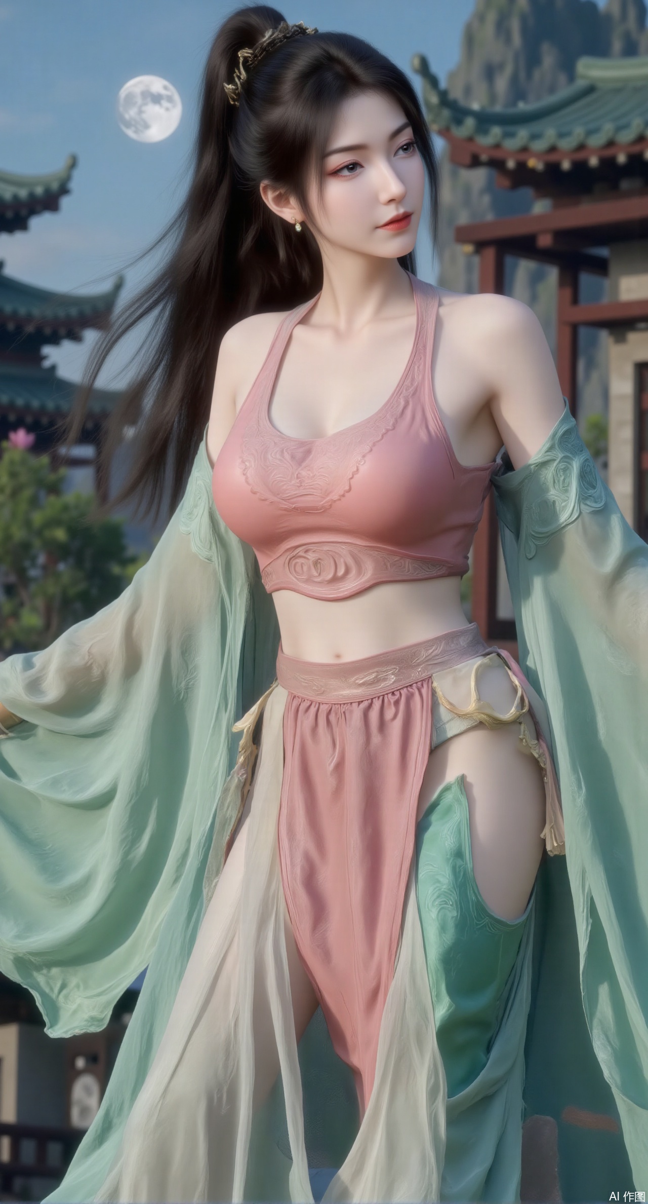 sfw,(masterpiece, best quality:1.2),1girl, navel, solo, midriff, bare shoulders, hair ornament,(long hair),(High double ponytail:1.49), red lips,
BREAK, (looking at viewer:1.39), chinese clothes,(Holographic pink|green dress:1.36), (lace:1.28),
BREAK,blurry, solo focus, long hair, lips, daytime, lipstick, outdoors, standing,upper body,(huge breasts:2.99), (full breasts:2.99),background, solo, makeup,Xyunxiao,(Lotus,Water Lily,Blue sky,full moon:1.39),(Lotus pond,ancient Chinese architecture:1.39),Xmupeiling,XsongyuYK