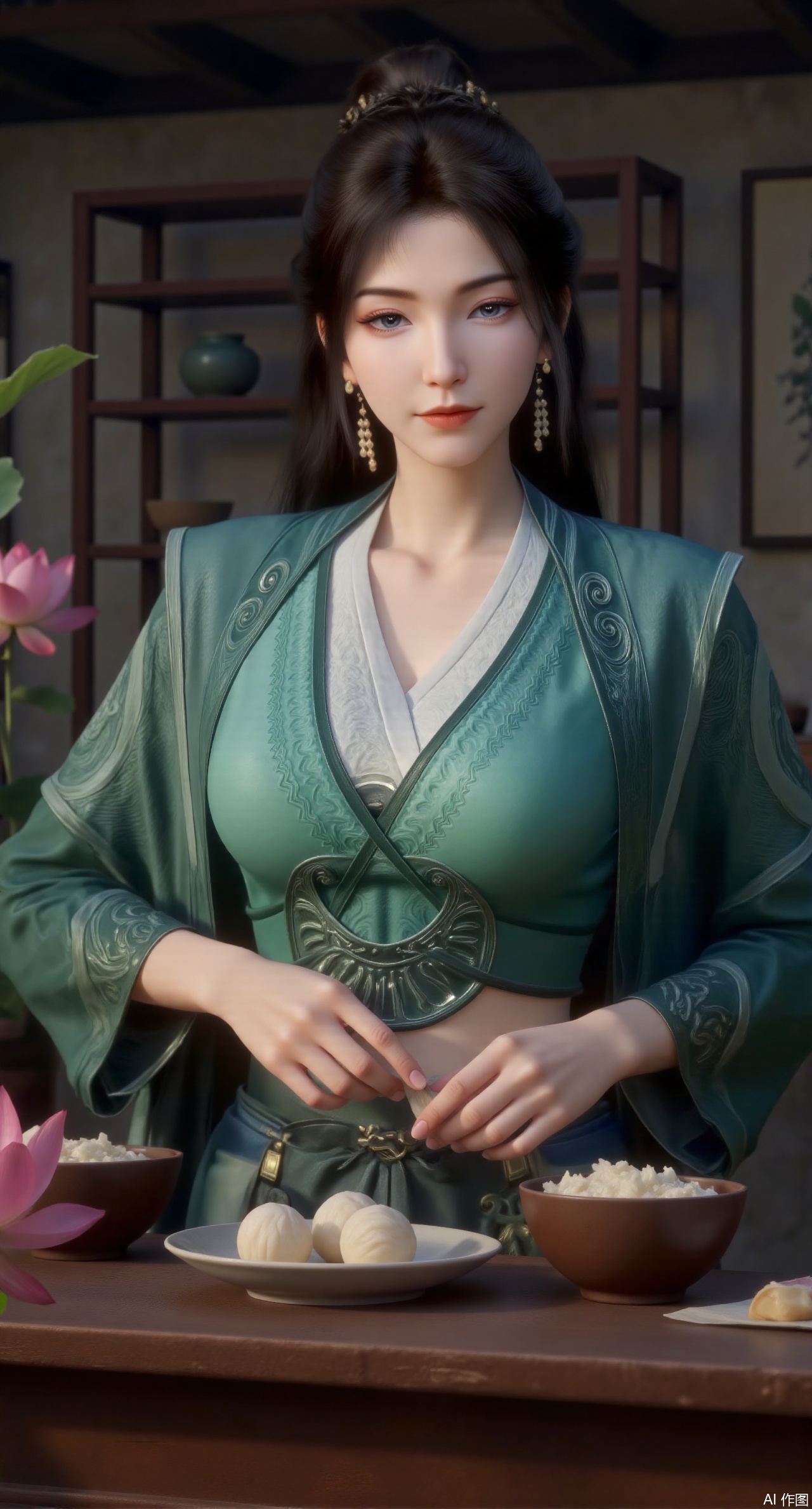 (masterpiece:1.2),best quality,A digital CGI image portrays a fair-skinned Chinese woman with jet-black hair elegantly styled in a chignon. She wears a traditional Chinese cheongsam featuring intricate floral patterns. The scene captures her wrapping zongzi at a rustic wooden table, surrounded by lush green leaves and bowls filled with glutinous rice. The environment is rich with details, including the texture of the table, the vivid colors of the leaves, and the warm tones of the room, emphasizing the festive ambiance of the Dragon Boat Festival.(huge breasts:2.99),(full breasts:2.99),(Background with traditional Chinese architecture, lotus pond and pink lotus flowers:1.39),Xmupeiling,XsongyuYK