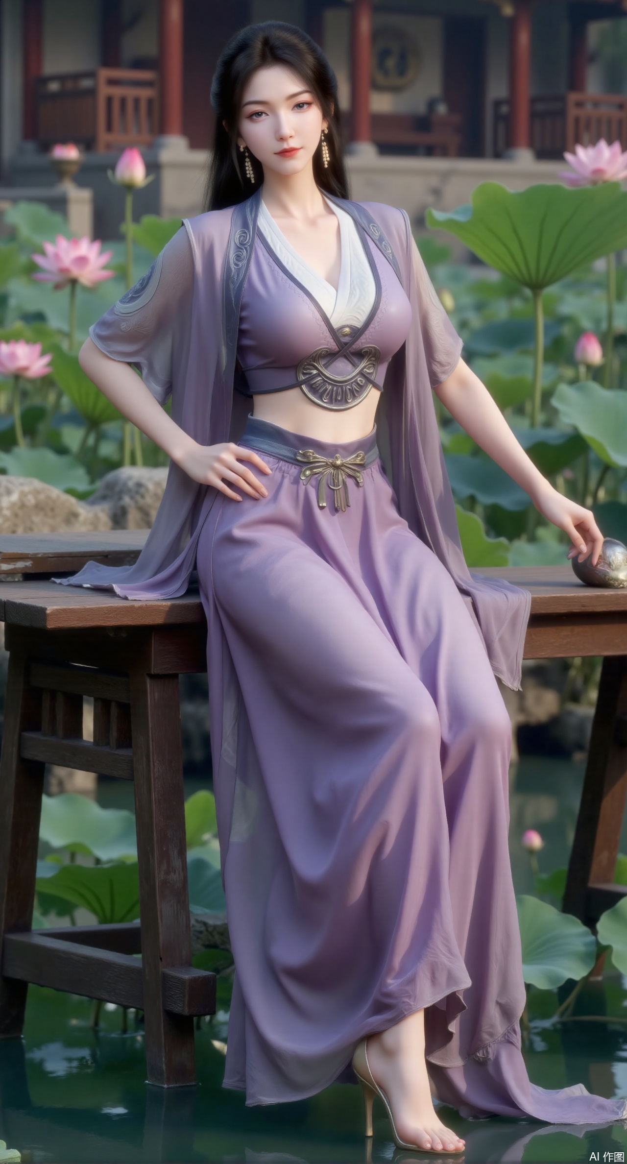 (masterpiece:1.2),best quality,The image is a digital illustration of a young woman sitting on a wooden bench in a pond with lily pads. She is wearing a light purple long dress with design on the chest and sleeves. The dress has a high neckline and short sleeves,Holding a lotus in hand. She has long dark hair styled in loose waves and is wearing gold high heels. The woman is posing with one hand on her hip and the other resting on the edge of the bench. The background is filled with pink and white lotus flowers and green leaves. The overall mood of the image is peaceful and serene,(huge breasts:2.99),(full breasts:2.99),(Background with traditional Chinese architecture, lotus pond and pink lotus flowers:1.39),Xmupeiling,XsongyuYK