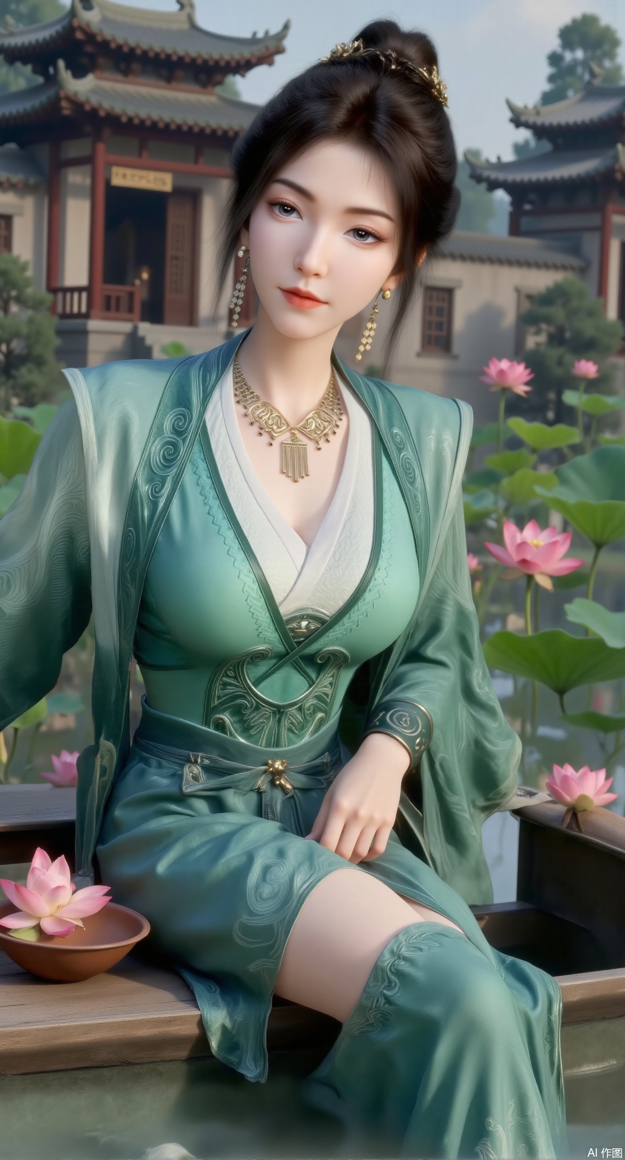 (masterpiece:1.2),best quality,This is a three-dimensional poster with national style,depicting a serene traditional Chinese landscape. A young woman in a green and white traditional qipao sits on a wooden boat. She holds a zongzi in her hand. Lush green plants and pink lotus flowers surround the tranquil water surface.(huge breasts:2.99),(full breasts:2.99),(Background with traditional Chinese architecture, lotus pond and pink lotus flowers:1.39),Xmupeiling,XsongyuYK