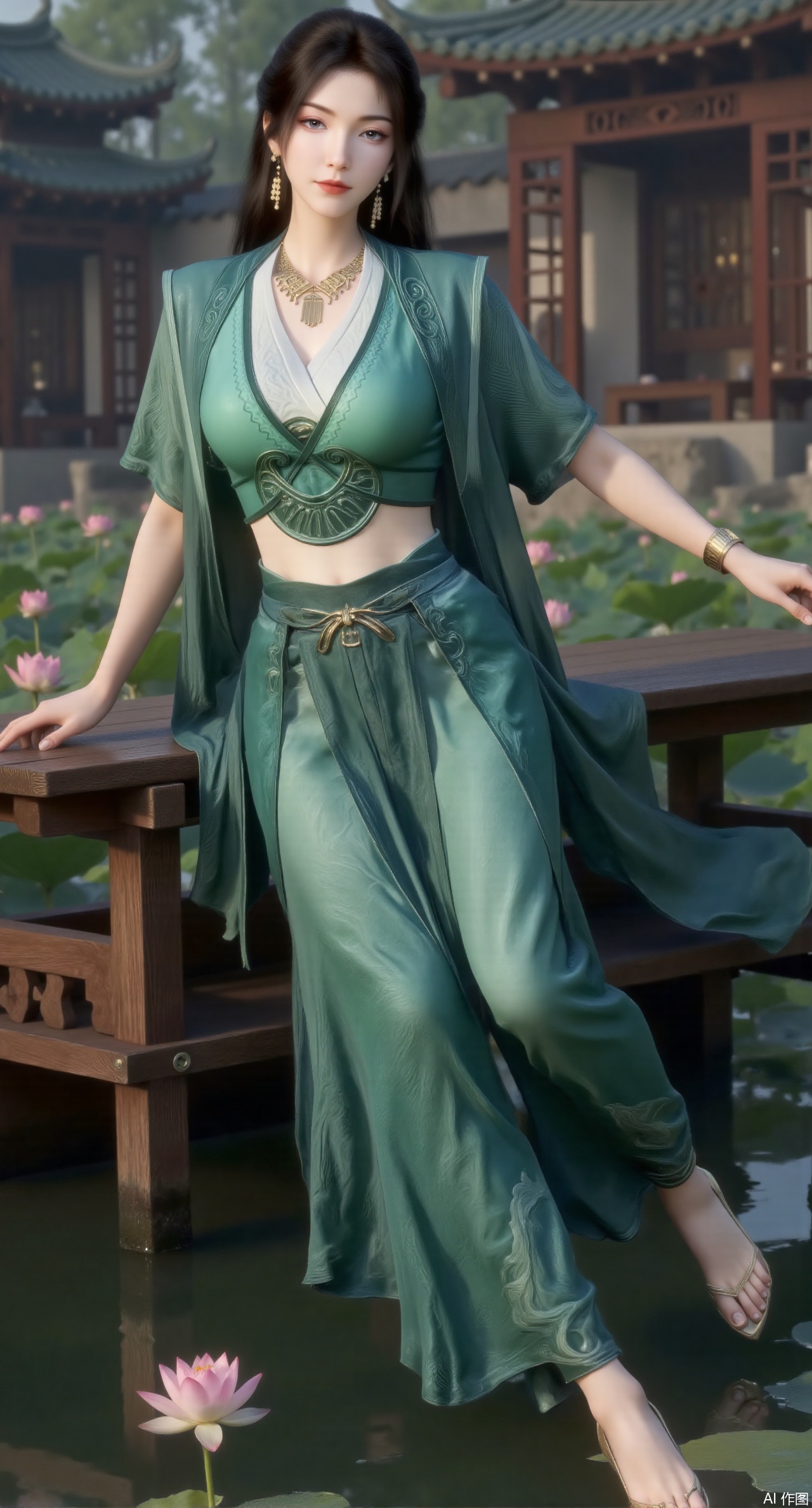(masterpiece:1.2),best quality,The image is a digital illustration of a young woman sitting on a wooden bench in a pond with lily pads. She is wearing a green long dress with design on the chest and sleeves. The dress has a high neckline and short sleeves,Holding a lotus in hand. She has long dark hair styled in loose waves and is wearing gold high heels. The woman is posing with one hand on her hip and the other resting on the edge of the bench. The background is filled with pink and white lotus flowers and green leaves. The overall mood of the image is peaceful and serene,(huge breasts:2.99),(full breasts:2.99),(Background with traditional Chinese architecture, lotus pond and pink lotus flowers:1.39),Xmupeiling,XsongyuYK