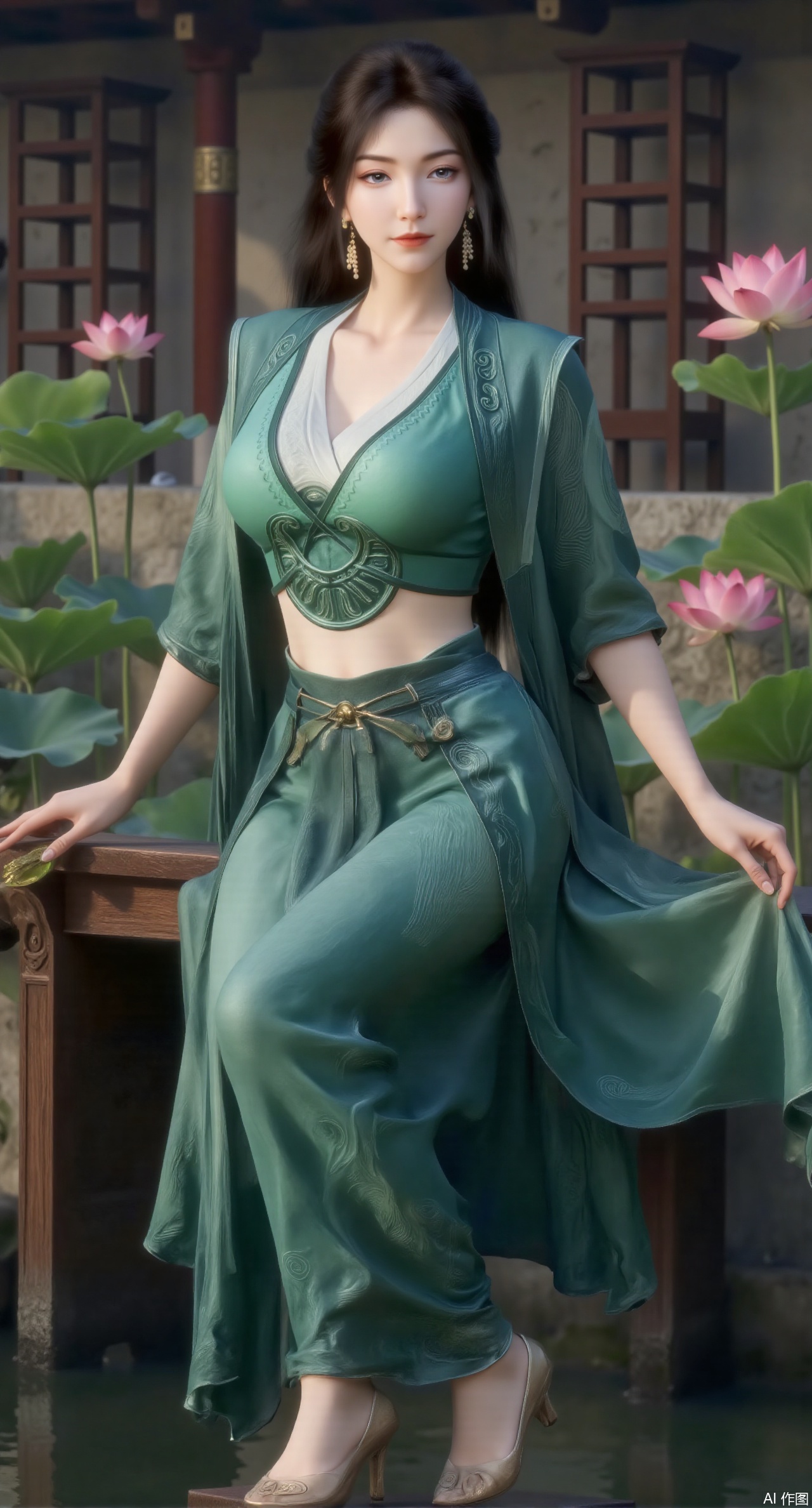 (masterpiece:1.2),best quality,The image is a digital illustration of a young woman sitting on a wooden bench in a pond with lily pads. She is wearing a green long dress with design on the chest and sleeves. The dress has a high neckline and short sleeves,Holding a lotus in hand. She has long dark hair styled in loose waves and is wearing gold high heels. The woman is posing with one hand on her hip and the other resting on the edge of the bench. The background is filled with pink and white lotus flowers and green leaves. The overall mood of the image is peaceful and serene,(huge breasts:2.99),(full breasts:2.99),(Background with traditional Chinese architecture, lotus pond and pink lotus flowers:1.39),Xmupeiling,XsongyuYK
