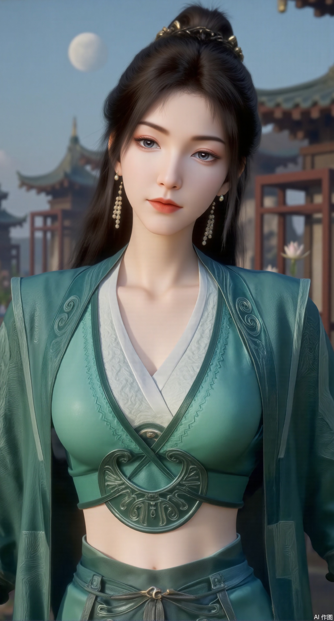 sfw,(masterpiece, best quality:1.2),1girl, navel, solo, midriff, bare shoulders, hair ornament,(long hair),(High double ponytail:1.49), red lips,
BREAK, (looking at viewer:1.39), chinese clothes,(green dress:1.36), (lace:1.28),
BREAK,blurry, solo focus, long hair, lips, daytime, lipstick, outdoors, standing,upper body,(huge breasts:2.99), (full breasts:2.99),background, solo, makeup,Xyunxiao,(Lotus,Water Lily,Blue sky,full moon:1.39),(Lotus pond,ancient Chinese architecture:1.39),Xmupeiling,XsongyuYK