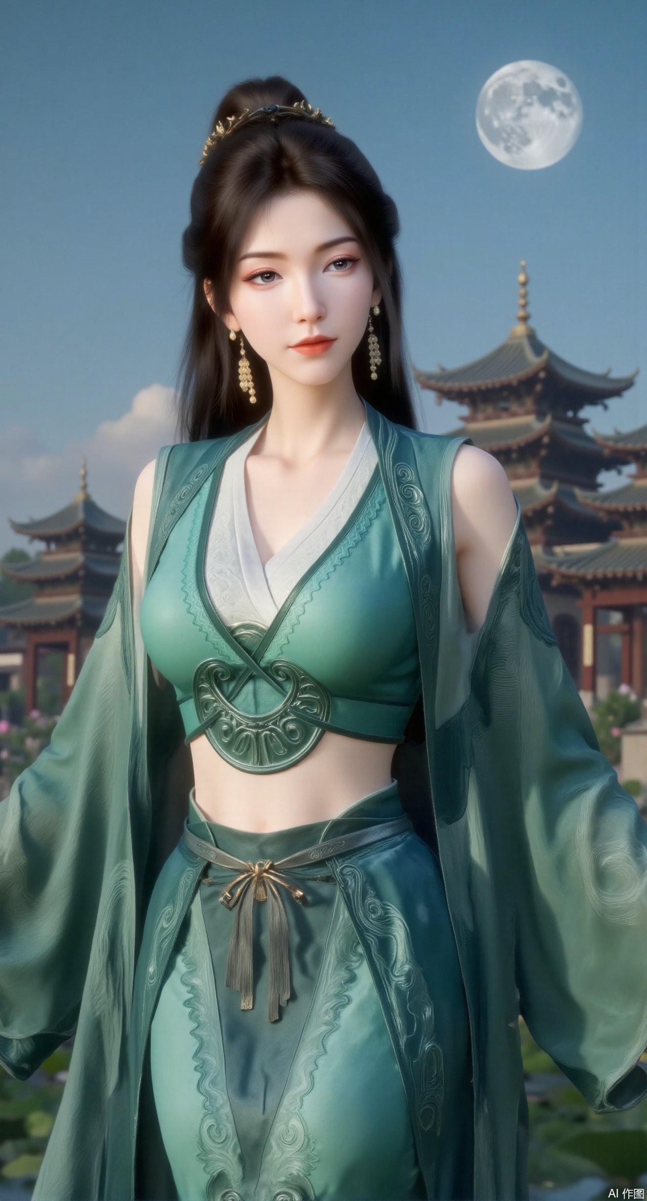 sfw,(masterpiece, best quality:1.2),1girl, navel, solo, midriff, bare shoulders, hair ornament,(long hair),(High double ponytail:1.49), red lips,
BREAK, (looking at viewer:1.39), chinese clothes,(green dress:1.36), (lace:1.28),
BREAK,blurry, solo focus, long hair, lips, daytime, lipstick, outdoors, standing,upper body,(huge breasts:2.99), (full breasts:2.99),background, solo, makeup,Xyunxiao,(Lotus,Water Lily,Blue sky,full moon:1.39),(Lotus pond,ancient Chinese architecture:1.39),Xmupeiling,XsongyuYK