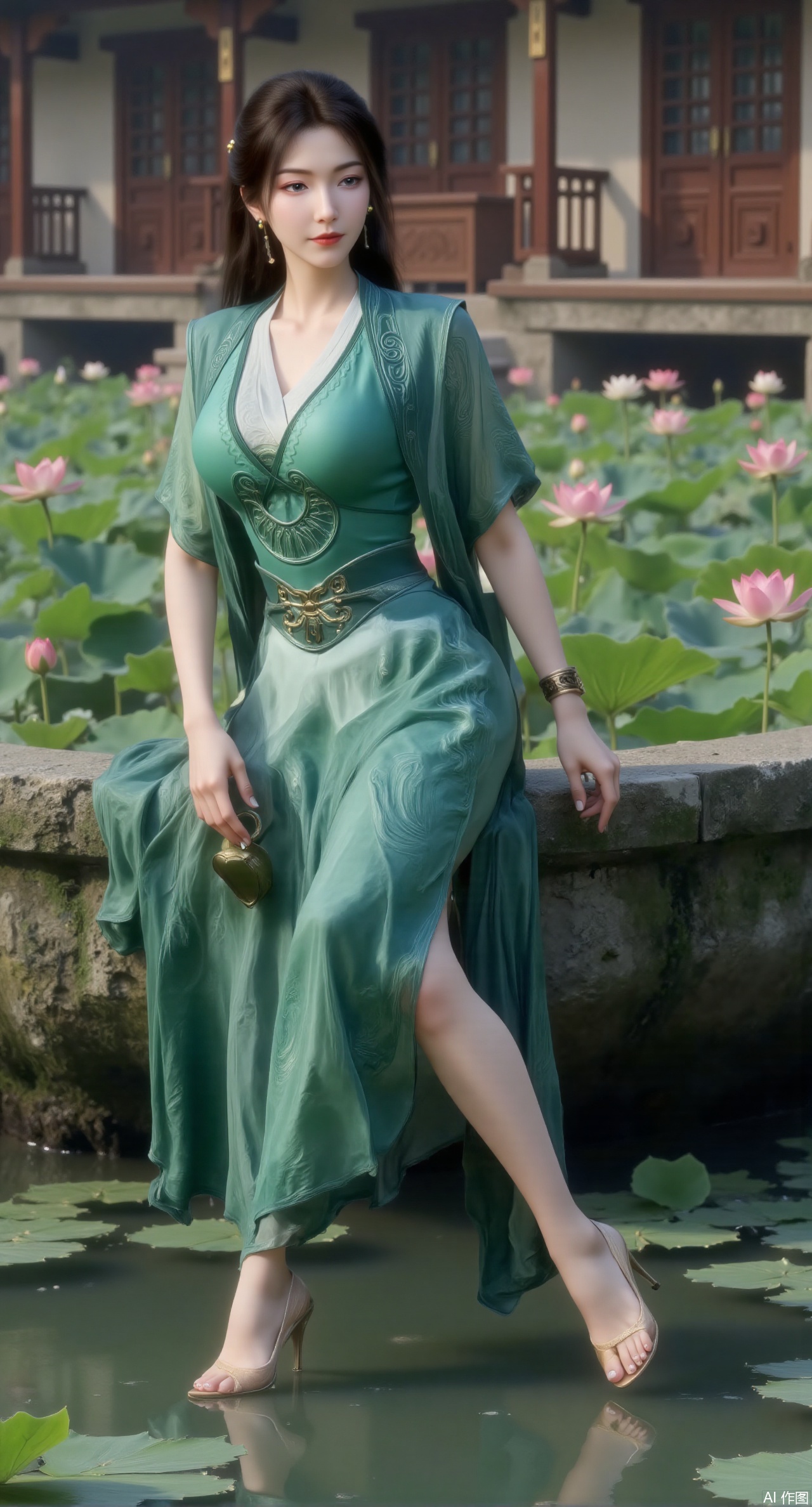 (masterpiece:1.2),best quality,The image is a digital illustration of a young woman sitting on a wooden bench in a pond with lily pads. She is wearing a green long dress with design on the chest and sleeves. The dress has a high neckline and short sleeves,Holding a lotus in hand. She has long dark hair styled in loose waves and is wearing gold high heels. The woman is posing with one hand on her hip and the other resting on the edge of the bench. The background is filled with pink and white lotus flowers and green leaves. The overall mood of the image is peaceful and serene,(huge breasts:2.99),(full breasts:2.99),(Background with traditional Chinese architecture, lotus pond and pink lotus flowers:1.39),Xmupeiling,XsongyuYK