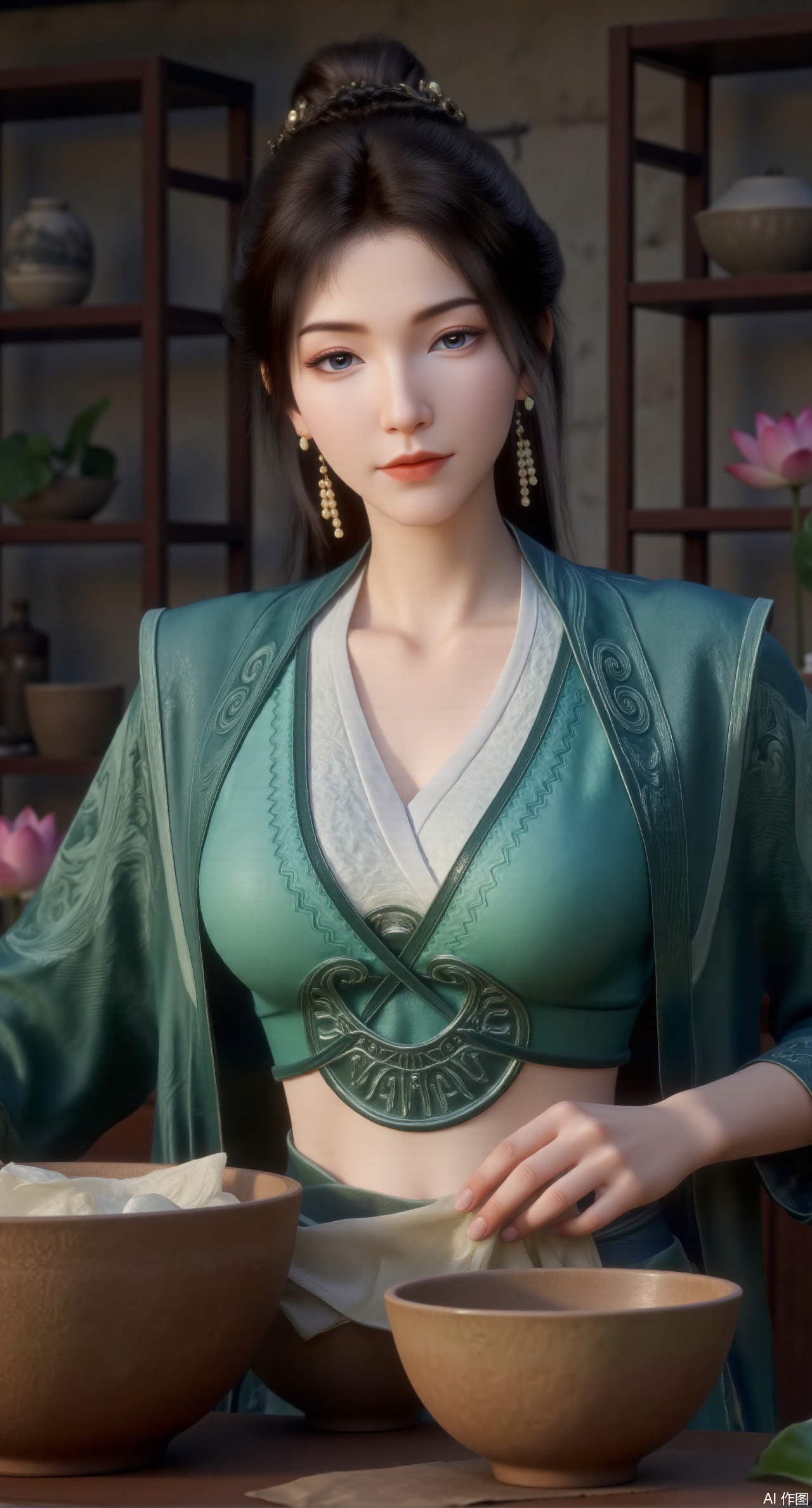 (masterpiece:1.2),best quality,A digital CGI image portrays a fair-skinned Chinese woman with jet-black hair elegantly styled in a chignon. She wears a traditional Chinese cheongsam featuring intricate floral patterns. The scene captures her wrapping zongzi at a rustic wooden table, surrounded by lush green leaves and bowls filled with glutinous rice. The environment is rich with details, including the texture of the table, the vivid colors of the leaves, and the warm tones of the room, emphasizing the festive ambiance of the Dragon Boat Festival.(huge breasts:2.99),(full breasts:2.99),(Background with traditional Chinese architecture, lotus pond and pink lotus flowers:1.39),Xmupeiling,XsongyuYK