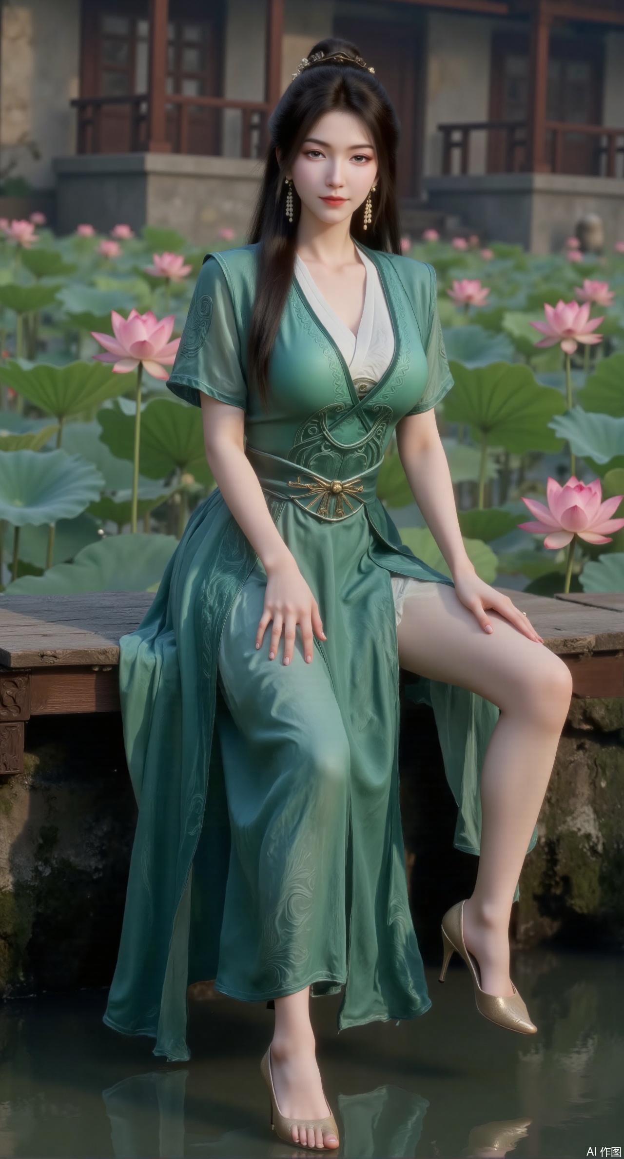 (masterpiece:1.2),best quality,The image is a digital illustration of a young woman sitting on a wooden bench in a pond with lily pads. She is wearing a green long dress with design on the chest and sleeves. The dress has a high neckline and short sleeves,Holding a lotus in hand. She has long dark hair styled in loose waves and is wearing gold high heels. The woman is posing with one hand on her hip and the other resting on the edge of the bench. The background is filled with pink and white lotus flowers and green leaves. The overall mood of the image is peaceful and serene,(huge breasts:2.99),(full breasts:2.99),(Background with traditional Chinese architecture, lotus pond and pink lotus flowers:1.39),Xmupeiling,XsongyuYK