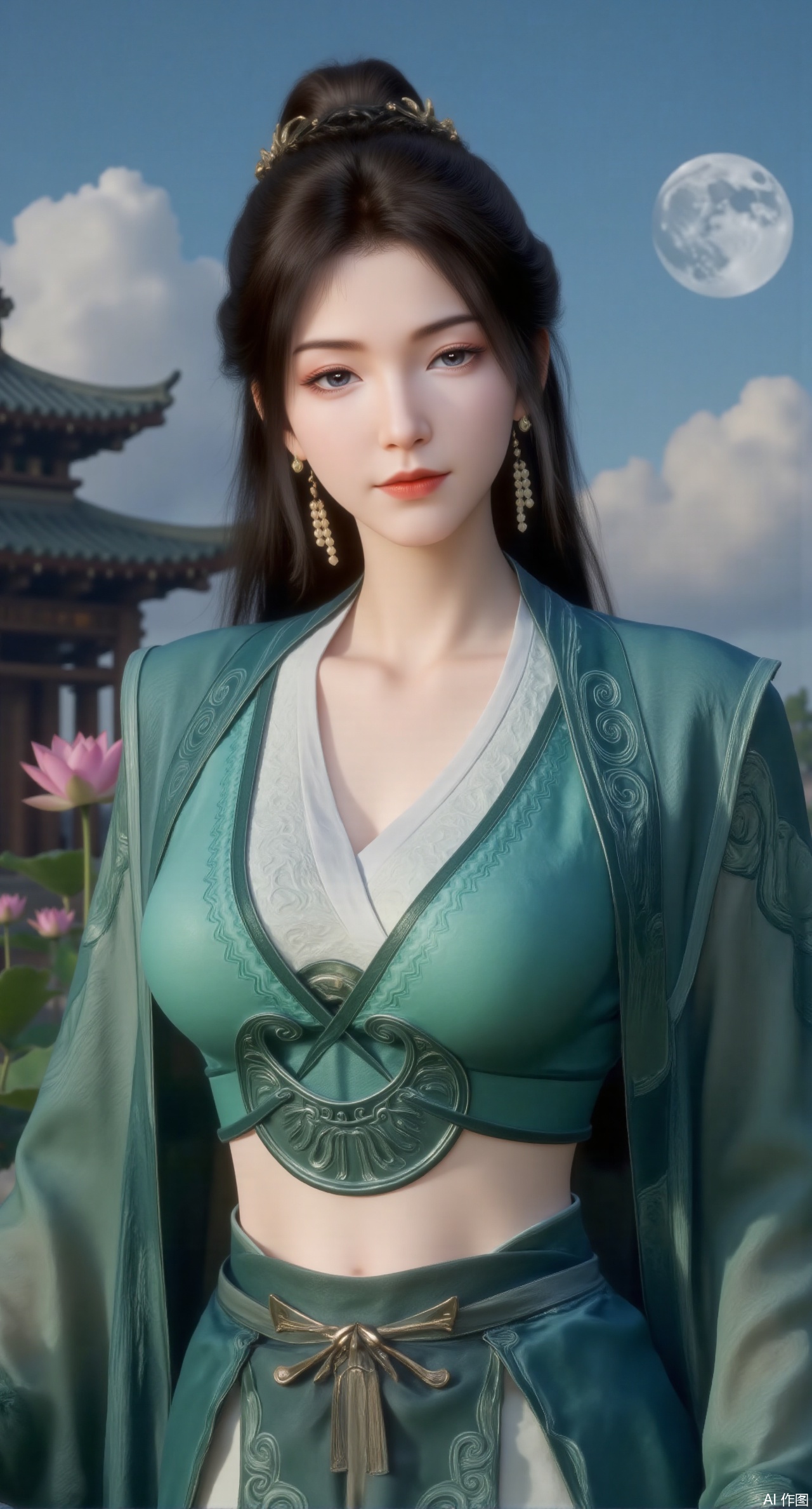 sfw,(masterpiece, best quality:1.2),1girl, navel, solo, midriff, bare shoulders, hair ornament,(long hair),(High double ponytail:1.49), red lips,
BREAK, (looking at viewer:1.39), chinese clothes,(green dress:1.36), (lace:1.28),
BREAK,blurry, solo focus, long hair, lips, daytime, lipstick, outdoors, standing,upper body,(huge breasts:2.99), (full breasts:2.99),background, solo, makeup,Xyunxiao,(Lotus,Water Lily,Blue sky,full moon:1.39),(Lotus pond,ancient Chinese architecture:1.39),Xmupeiling,XsongyuYK