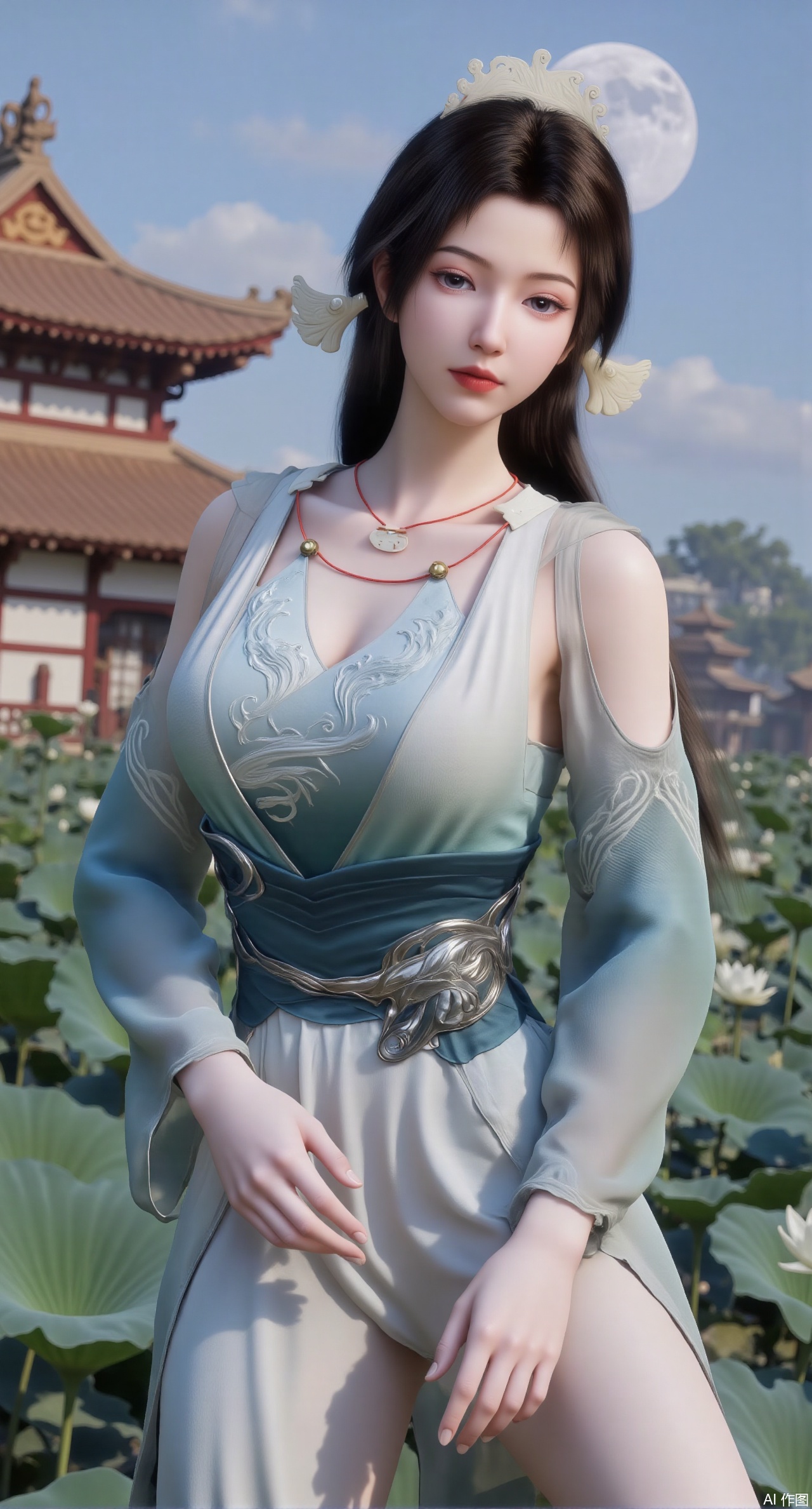 sfw,(masterpiece, best quality:1.2),1girl, navel, solo, midriff, bare shoulders, hair ornament,(long hair),(High double ponytail:1.49), red lips,
BREAK, (looking at viewer:1.39), chinese clothes,(Holographic pink|green dress:1.36), (lace:1.28),
BREAK,blurry, solo focus, long hair, lips, daytime, lipstick, outdoors, standing,upper body,(huge breasts:2.99), (full breasts:2.99),background, solo, makeup,Xyunxiao,(Lotus,Water Lily,Blue sky,full moon:1.39),(Lotus pond,ancient Chinese architecture:1.39),Xmupeiling,XsongyuYK