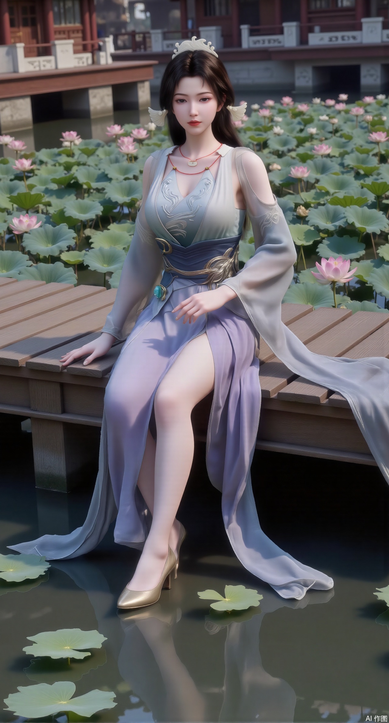 (masterpiece:1.2),best quality,The image is a digital illustration of a young woman sitting on a wooden bench in a pond with lily pads. She is wearing a light purple long dress with design on the chest and sleeves. The dress has a high neckline and short sleeves,Holding a lotus in hand. She has long dark hair styled in loose waves and is wearing gold high heels. The woman is posing with one hand on her hip and the other resting on the edge of the bench. The background is filled with pink and white lotus flowers and green leaves. The overall mood of the image is peaceful and serene,(huge breasts:2.99),(full breasts:2.99),(Background with traditional Chinese architecture, lotus pond and pink lotus flowers:1.39),Xmupeiling,XsongyuYK