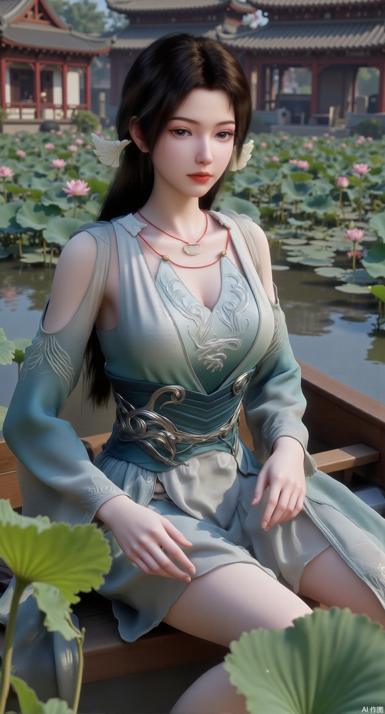 (masterpiece:1.2),best quality,This is a three-dimensional poster with national style,depicting a serene traditional Chinese landscape. A young woman in a green and white traditional qipao sits on a wooden boat. She holds a zongzi in her hand. Lush green plants and pink lotus flowers surround the tranquil water surface.(huge breasts:2.99),(full breasts:2.99),(Background with traditional Chinese architecture, lotus pond and pink lotus flowers:1.39),Xmupeiling,XsongyuYK