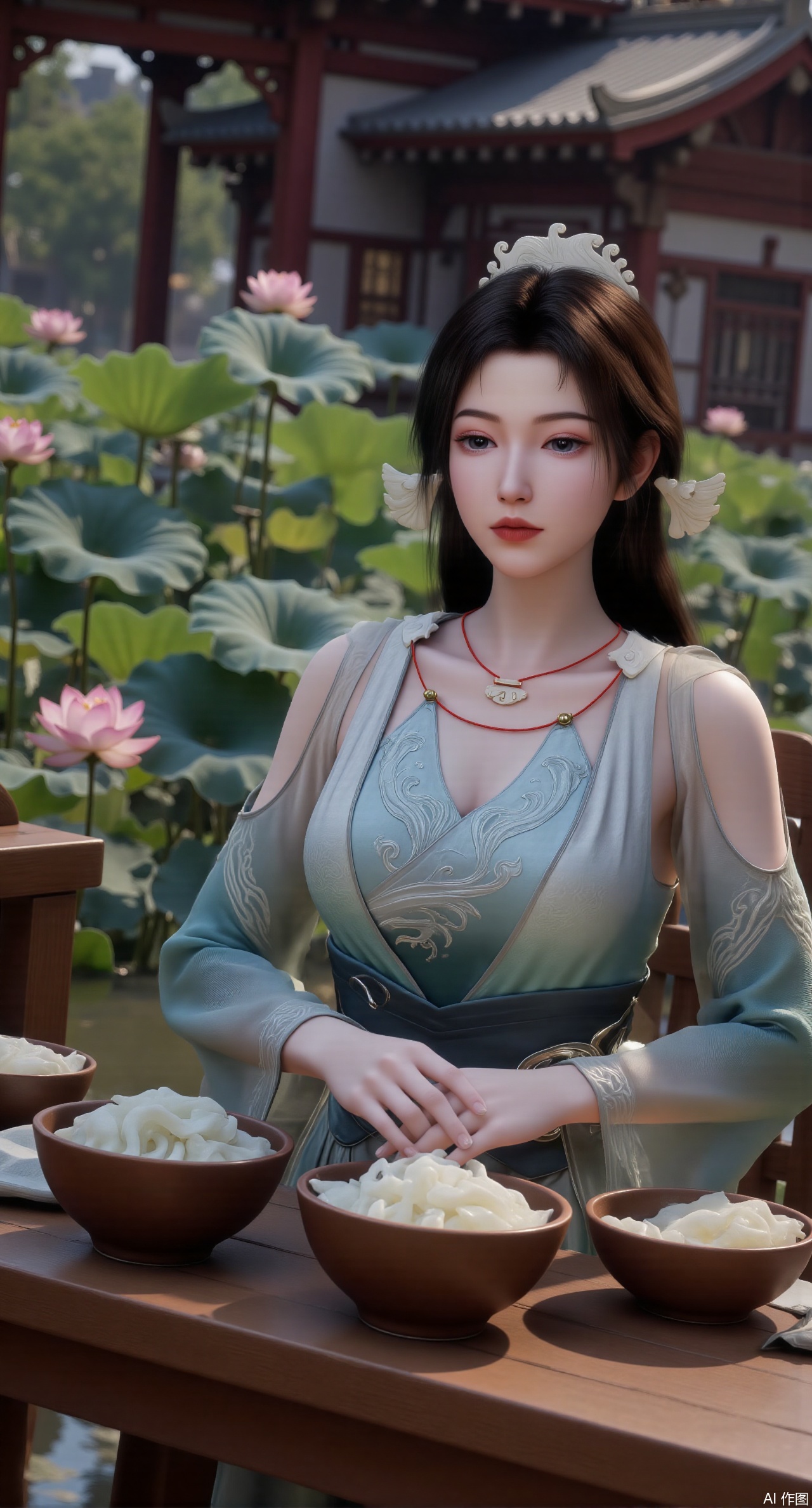(masterpiece:1.2),best quality,A digital CGI image portrays a fair-skinned Chinese woman with jet-black hair elegantly styled in a chignon. She wears a traditional Chinese cheongsam featuring intricate floral patterns. The scene captures her wrapping zongzi at a rustic wooden table, surrounded by lush green leaves and bowls filled with glutinous rice. The environment is rich with details, including the texture of the table, the vivid colors of the leaves, and the warm tones of the room, emphasizing the festive ambiance of the Dragon Boat Festival.(huge breasts:2.99),(full breasts:2.99),(Background with traditional Chinese architecture, lotus pond and pink lotus flowers:1.39),Xmupeiling,XsongyuYK