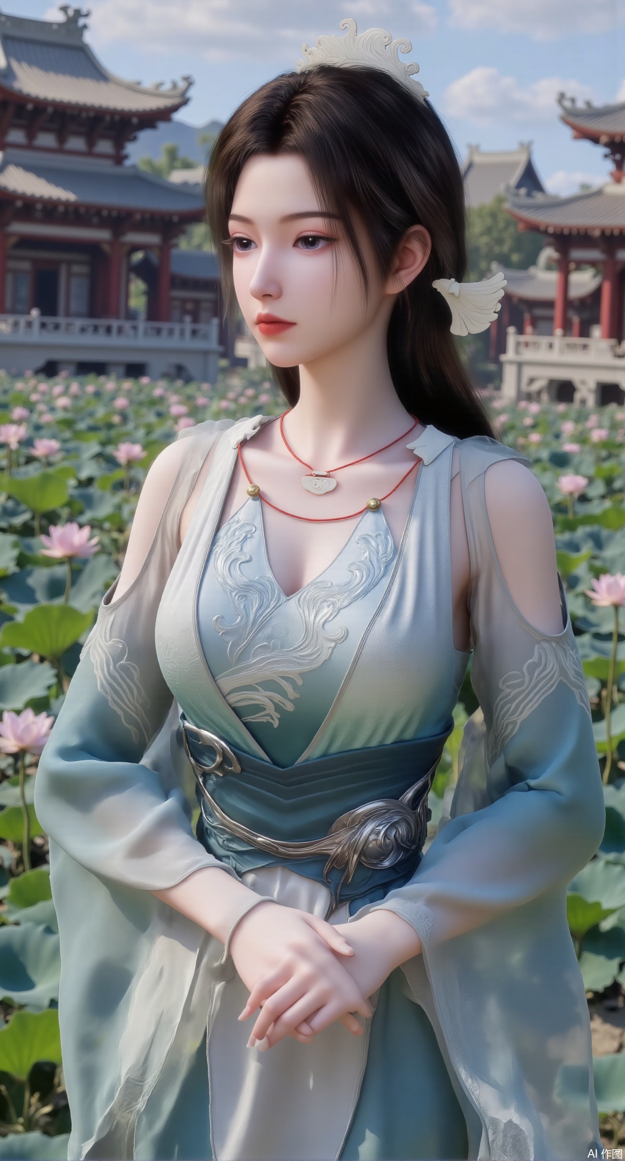 sfw,(masterpiece, best quality:1.2),1girl, navel, solo, midriff, bare shoulders, hair ornament,(long hair),(High double ponytail:1.49), red lips,
BREAK, (looking at viewer:1.39), chinese clothes,(Holographic pink|green dress:1.36), (lace:1.28),
BREAK,blurry, solo focus, long hair, lips, daytime, lipstick, outdoors, standing,upper body,(huge breasts:2.99), (full breasts:2.99),background, solo, makeup,Xyunxiao,(Lotus,Water Lily,Blue sky,full moon:1.39),(Lotus pond,ancient Chinese architecture:1.39),Xmupeiling,XsongyuYK