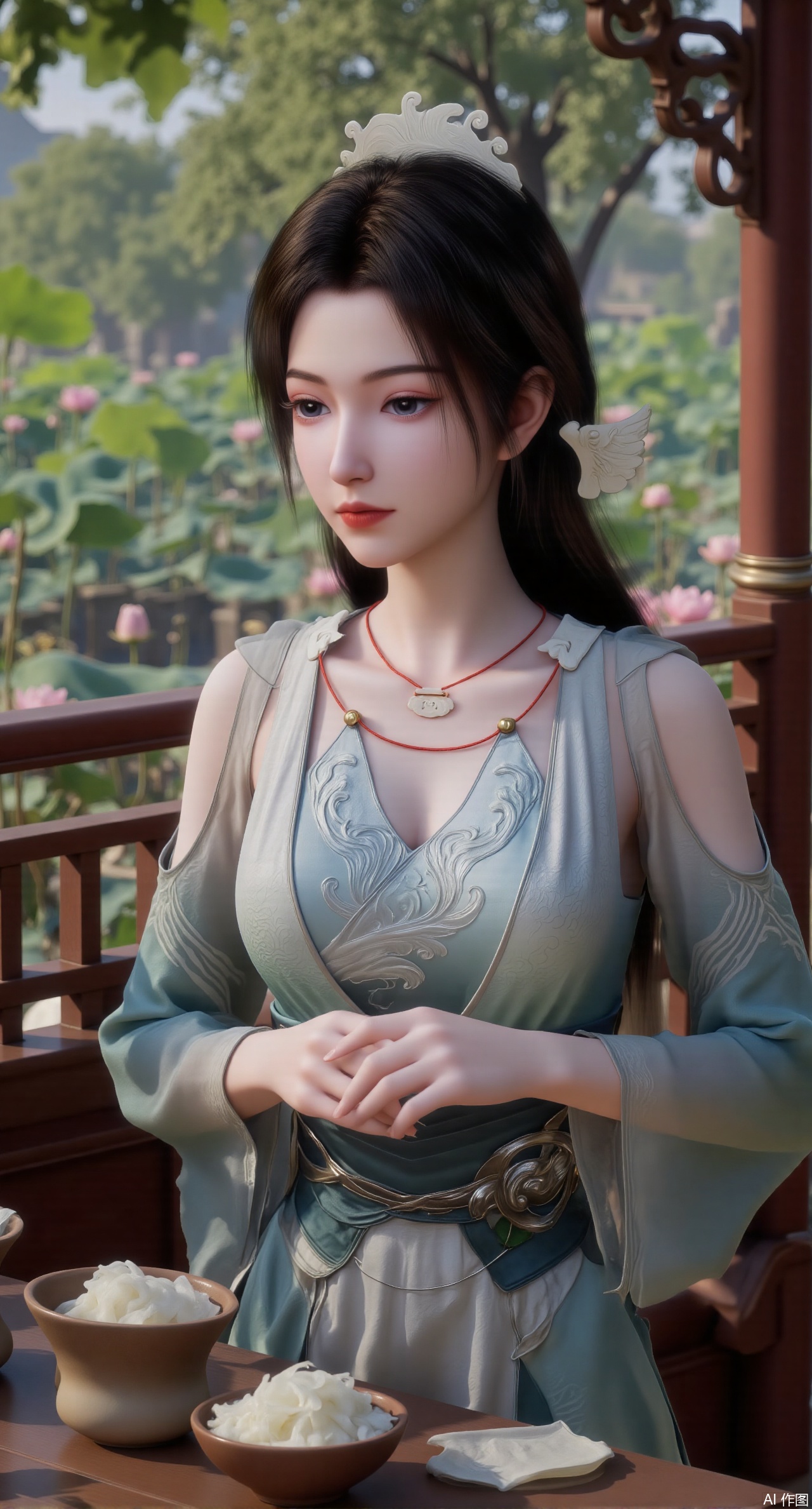 (masterpiece:1.2),best quality,A digital CGI image portrays a fair-skinned Chinese woman with jet-black hair elegantly styled in a chignon. She wears a traditional Chinese cheongsam featuring intricate floral patterns. The scene captures her wrapping zongzi at a rustic wooden table, surrounded by lush green leaves and bowls filled with glutinous rice. The environment is rich with details, including the texture of the table, the vivid colors of the leaves, and the warm tones of the room, emphasizing the festive ambiance of the Dragon Boat Festival.(huge breasts:2.99),(full breasts:2.99),(Background with traditional Chinese architecture, lotus pond and pink lotus flowers:1.39),Xmupeiling,XsongyuYK