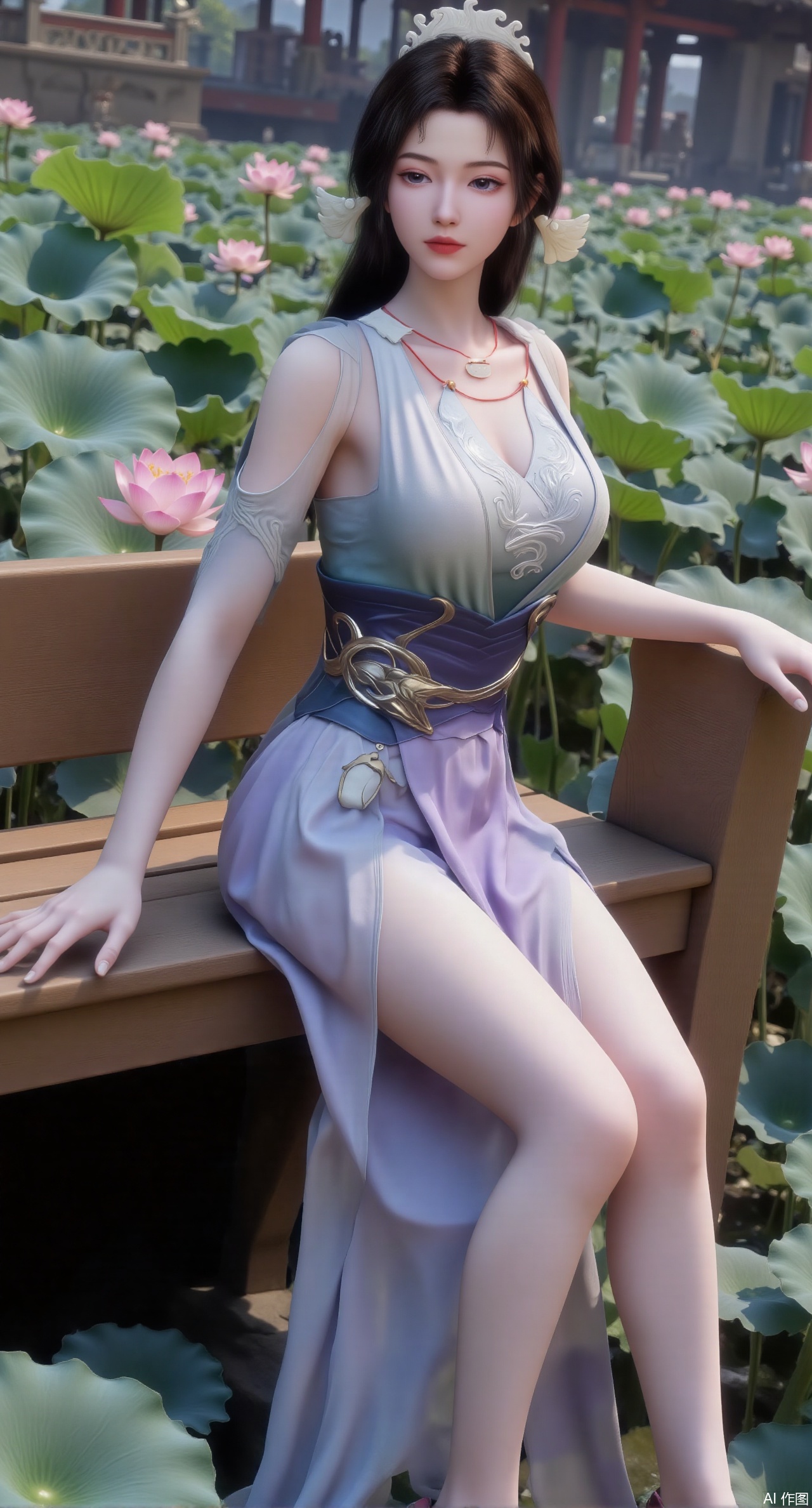 (masterpiece:1.2),best quality,The image is a digital illustration of a young woman sitting on a wooden bench in a pond with lily pads. She is wearing a light purple long dress with design on the chest and sleeves. The dress has a high neckline and short sleeves,Holding a lotus in hand. She has long dark hair styled in loose waves and is wearing gold high heels. The woman is posing with one hand on her hip and the other resting on the edge of the bench. The background is filled with pink and white lotus flowers and green leaves. The overall mood of the image is peaceful and serene,(huge breasts:2.99),(full breasts:2.99),(Background with traditional Chinese architecture, lotus pond and pink lotus flowers:1.39),Xmupeiling,XsongyuYK