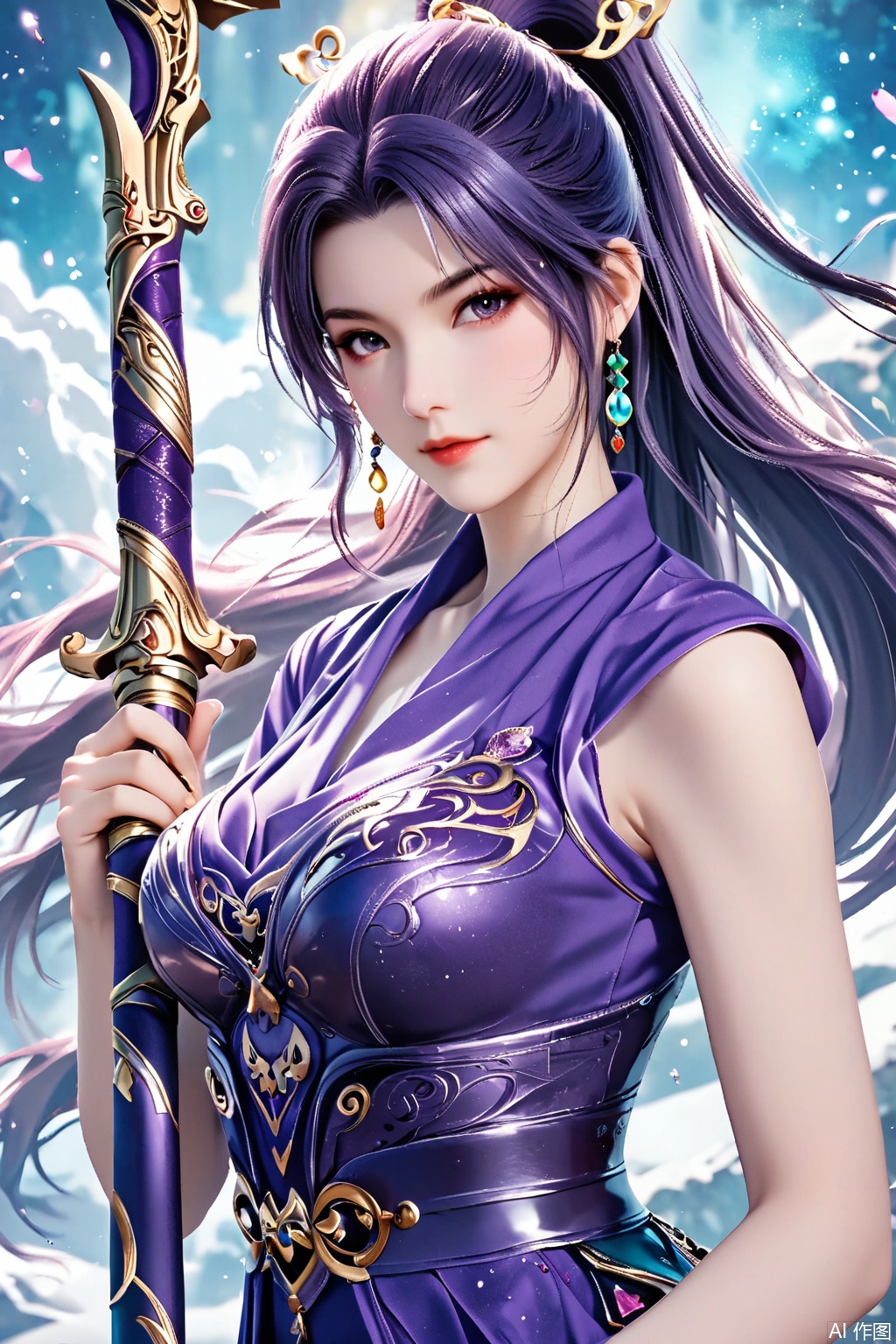 score_9,score_8_up,score_7_up,,1girl, solo, long hair, looking at viewer, hair ornament, dress, holding, ponytail, weapon, purple dress, masterpiece,best quality,official art,extremely detailed CG unity 8k wallpaper,Random scene,upper body,looking at viewer,