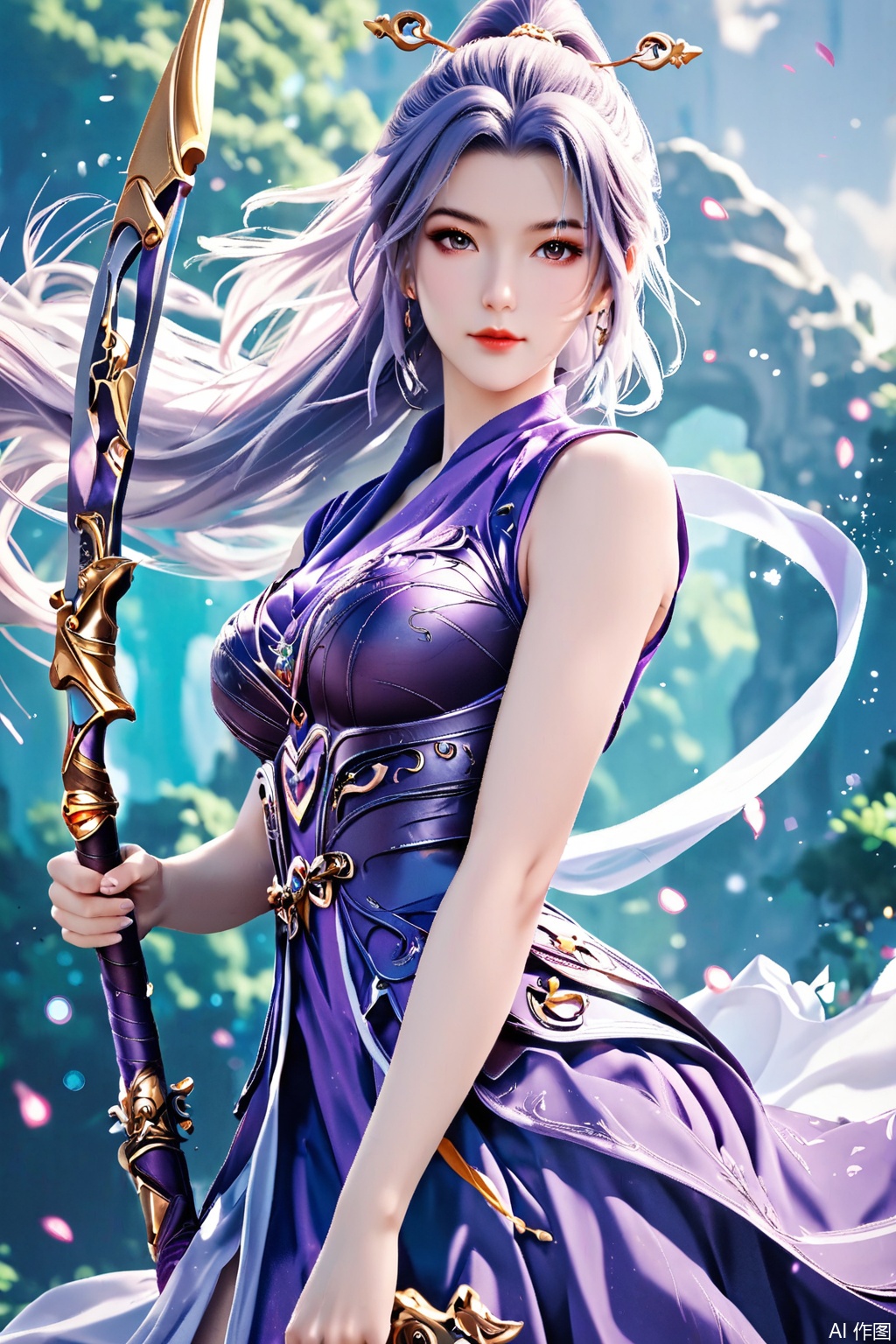 score_9,score_8_up,score_7_up,,1girl, solo, long hair, looking at viewer, hair ornament, dress, holding, ponytail, weapon, purple dress, masterpiece,best quality,official art,extremely detailed CG unity 8k wallpaper,Random scene,upper body,looking at viewer,
