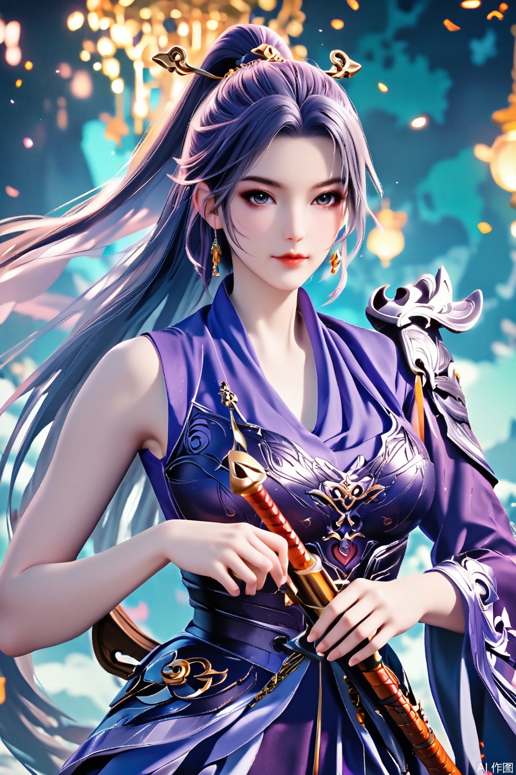 score_9,score_8_up,score_7_up,,1girl, solo, long hair, looking at viewer, hair ornament, dress, holding, ponytail, weapon, purple dress, masterpiece,best quality,official art,extremely detailed CG unity 8k wallpaper,Random scene,upper body,looking at viewer,