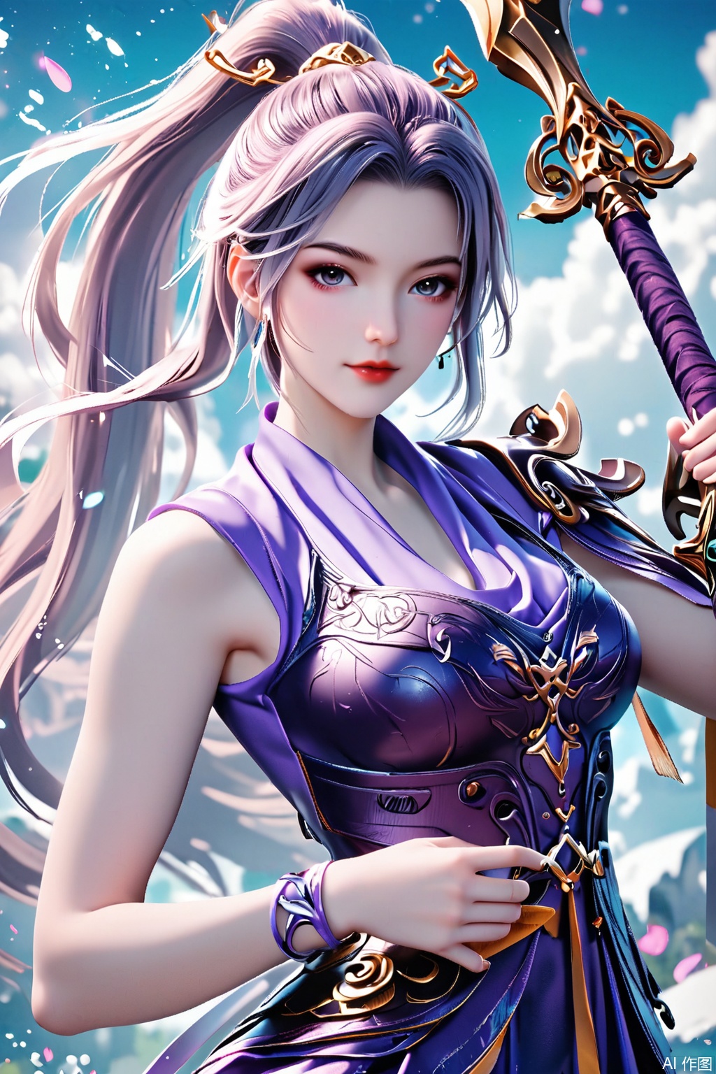 score_9,score_8_up,score_7_up,,1girl, solo, long hair, looking at viewer, hair ornament, dress, holding, ponytail, weapon, purple dress, masterpiece,best quality,official art,extremely detailed CG unity 8k wallpaper,Random scene,upper body,looking at viewer,