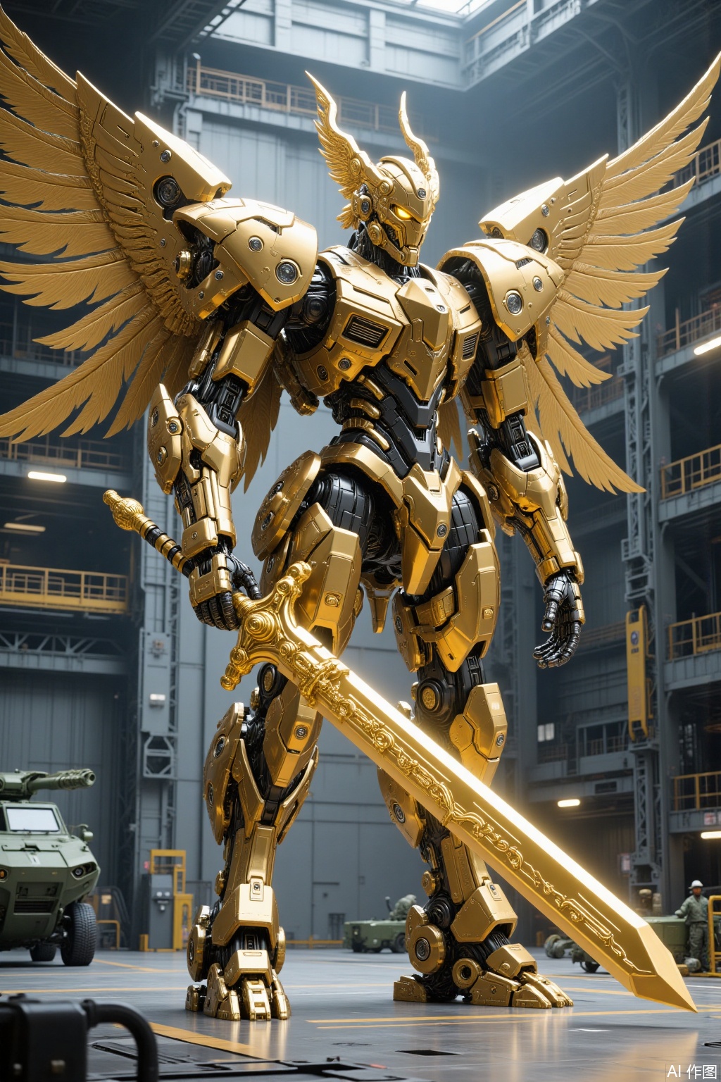 A futuristic giant mecha, Chinese Taoist style, integrating Chinese mythological elements, God of War mecha, sacred gold, deconstructed layout, rich details, strong sense of layering, extremely fine, complex parts, realistic style, giant four-winged angel wings, god helmet, metal texture, cool tone, precision machinery, sense of technology, dynamic stillness, clear light and shadow, futurism. The future mecha knight, sacred golden, holding a giant golden holy sword in hand, with high definition details, metal texture and tension composition, grand scenes, surrealism, real texture, OC rendering, huge military factory apron,gd