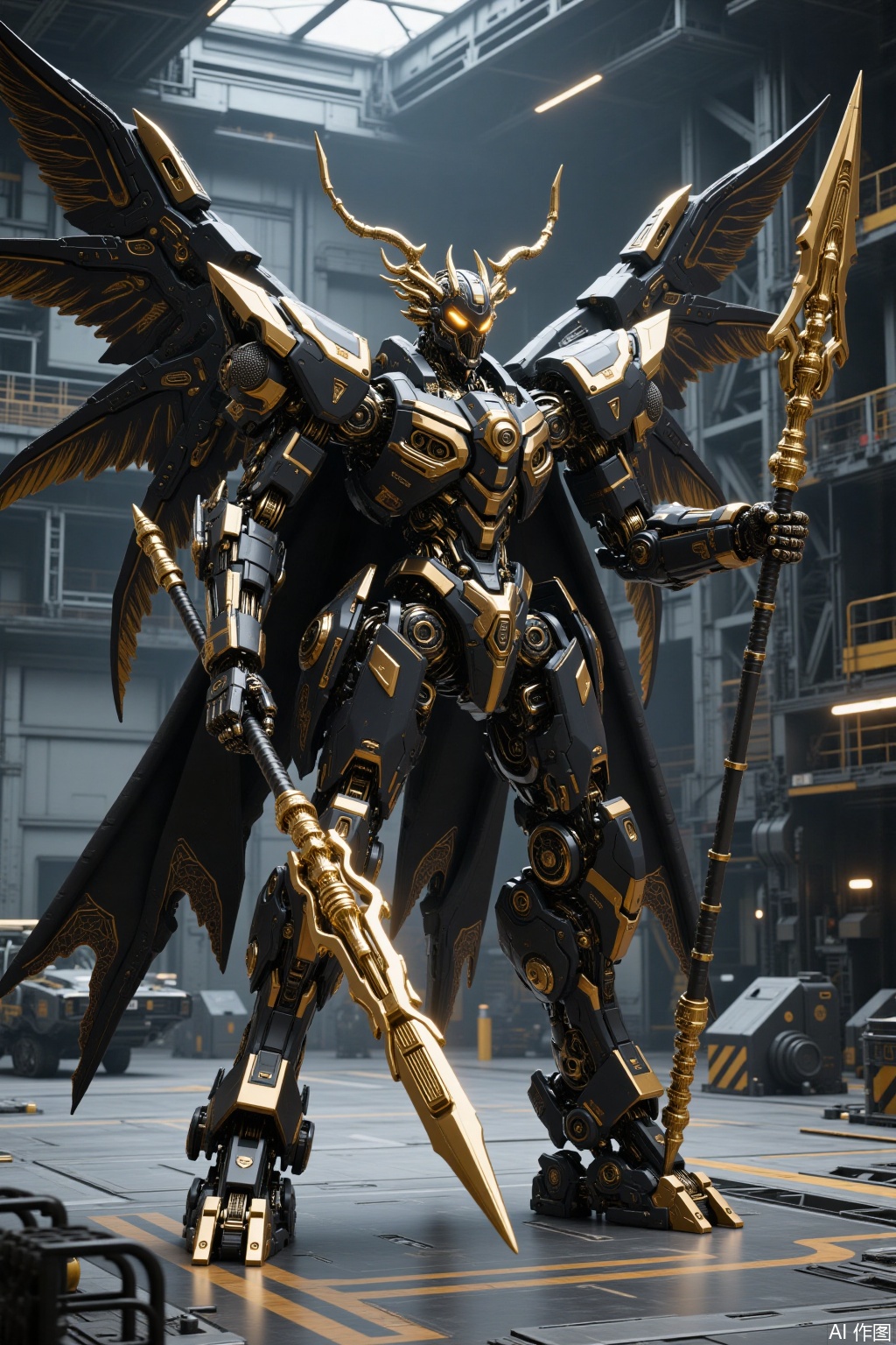 A futuristic giant mecha, Demon Slayer War God Mecha, Dark Gold and Black, deconstructed layout, rich details, strong layering, extremely fine, complex parts, realistic style, giant mechanical wings, demon helmet, metal texture, cool tone, precision machinery, technological sense, dynamic stillness, clear light and shadow, futuristic. The future mecha knight, with terrifying demon wings, dark gold and black, holding two super large ornate giant spears in hand, with high definition details, metal texture and tension composition, grand scenes, surrealism, real texture, OC rendering, 3D, super HD16k — s 800 — niji 6, huge military factory apron,gd,