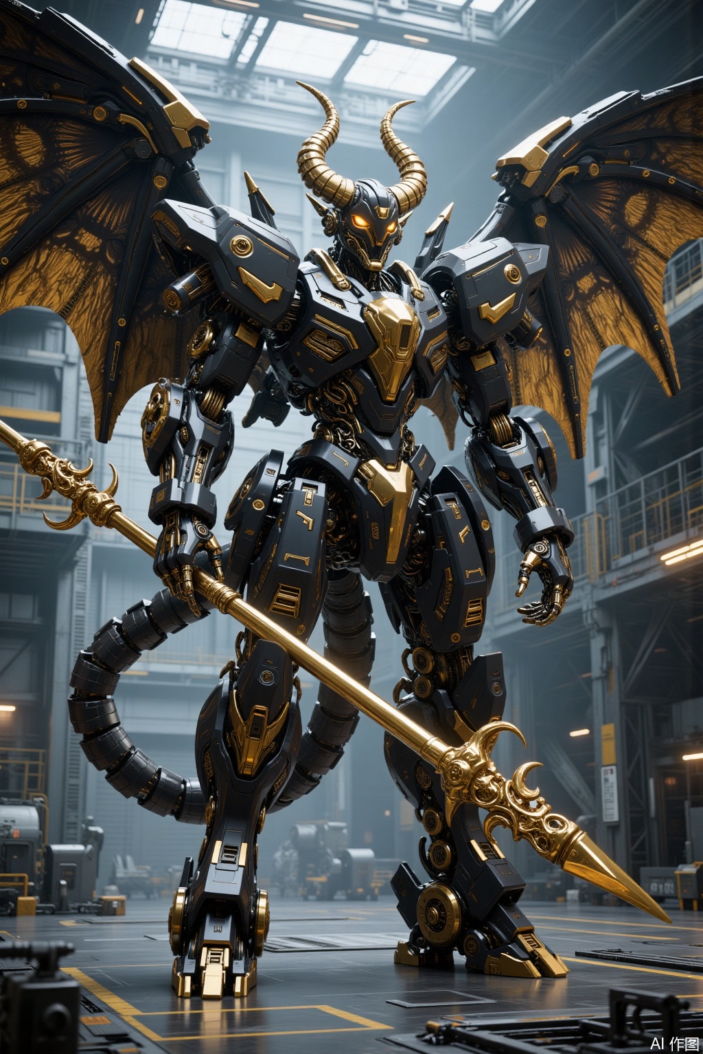 A futuristic giant mecha, Demon Slayer War God Mecha, Dark Gold and Black, deconstructed layout, rich details, strong layering, extremely fine, complex parts, realistic style, giant mechanical wings, demon helmet, metal texture, cool tone, precision machinery, technological sense, dynamic stillness, clear light and shadow, futuristic. The future mecha knight, with terrifying demon wings, dark gold and black, holding two super large ornate giant spears in hand, with high definition details, metal texture and tension composition, grand scenes, surrealism, real texture, OC rendering, 3D, super HD16k — s 800 — niji 6, huge military factory apron,gd,