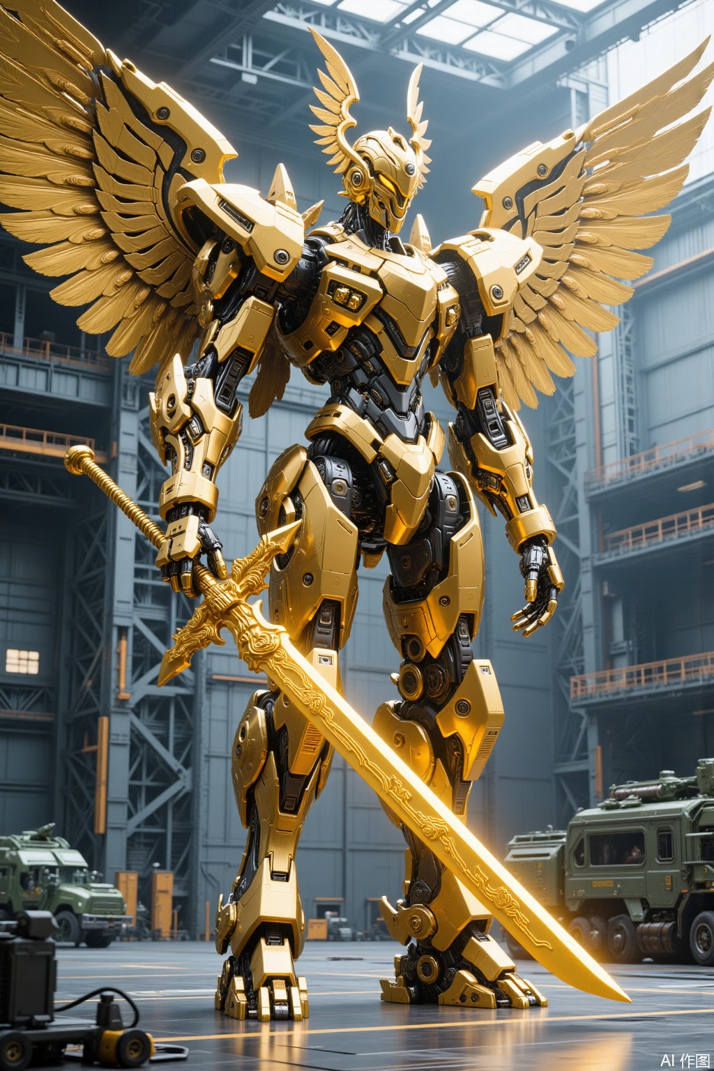 A futuristic giant mecha, Chinese Taoist style, integrating Chinese mythological elements, God of War mecha, sacred gold, deconstructed layout, rich details, strong sense of layering, extremely fine, complex parts, realistic style, giant four-winged angel wings, god helmet, metal texture, cool tone, precision machinery, sense of technology, dynamic stillness, clear light and shadow, futurism. The future mecha knight, sacred golden, holding a giant golden holy sword in hand, with high definition details, metal texture and tension composition, grand scenes, surrealism, real texture, OC rendering, huge military factory apron,gd